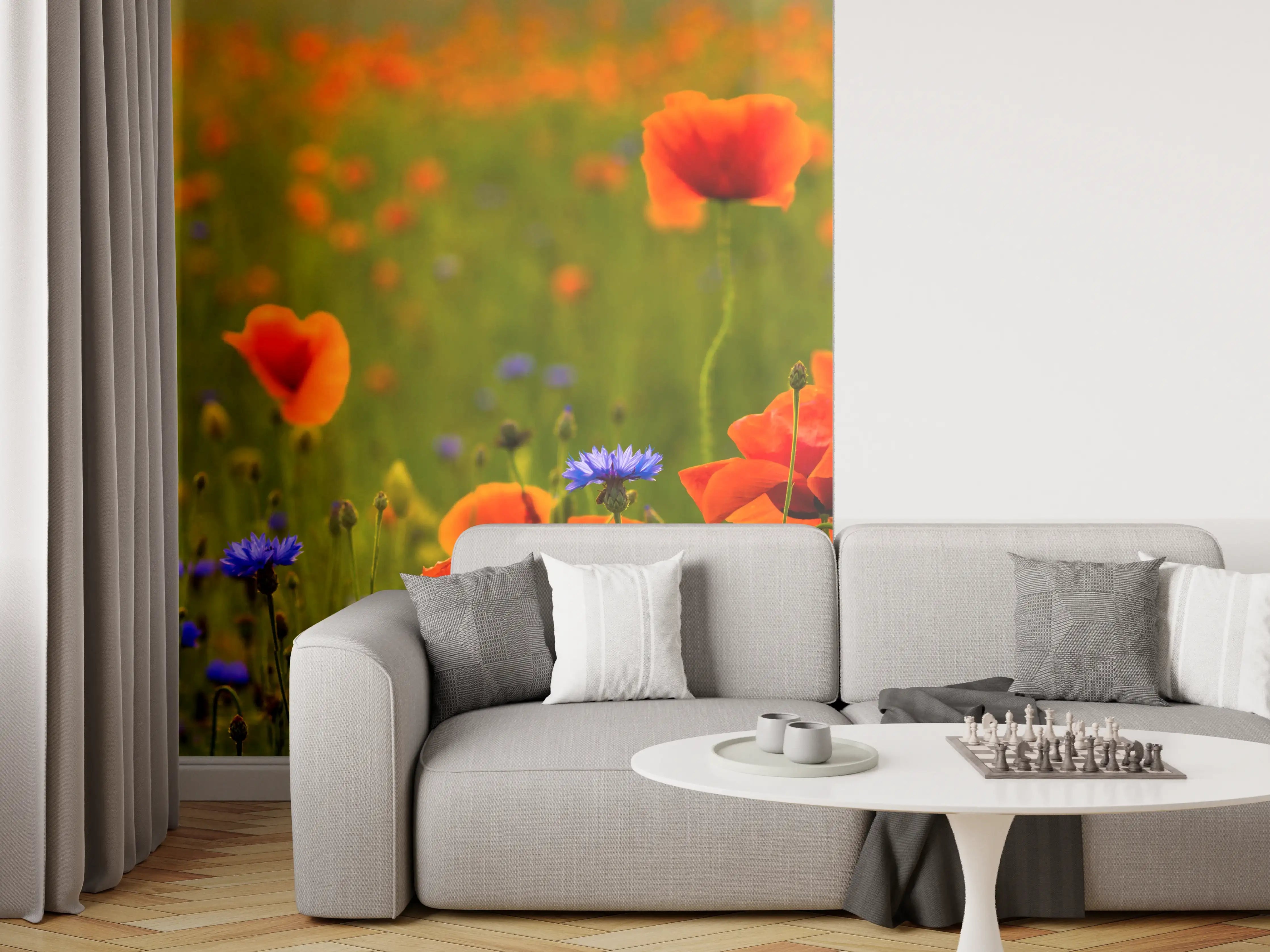 Wandverkleidung Wohnzimmer - Rotes Mohnfeld mit Kornblumen
