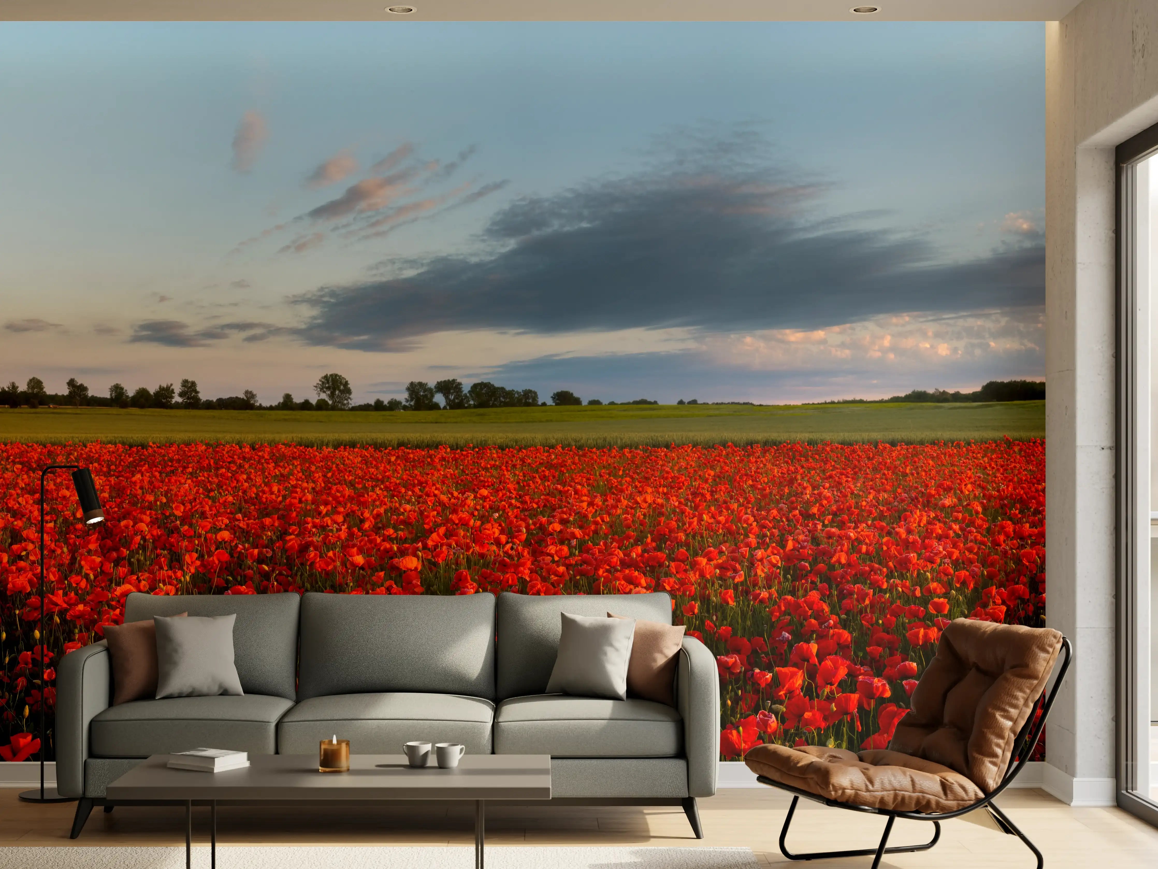 Wandverkleidung Wohnzimmer - Rotes Mohnfeld unter blauem Himmel