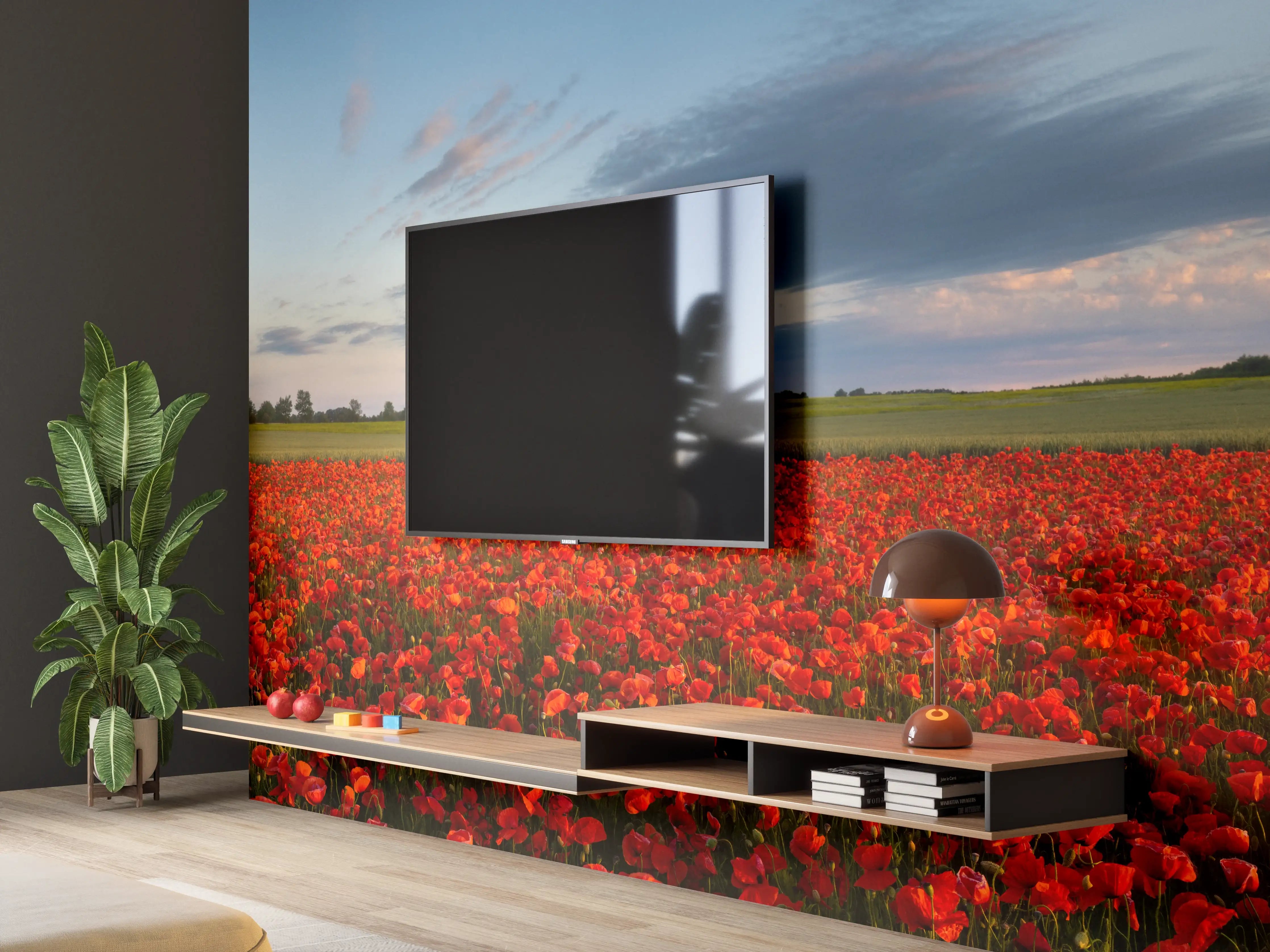 Wandverkleidung Wohnzimmer - Rotes Mohnfeld unter blauem Himmel