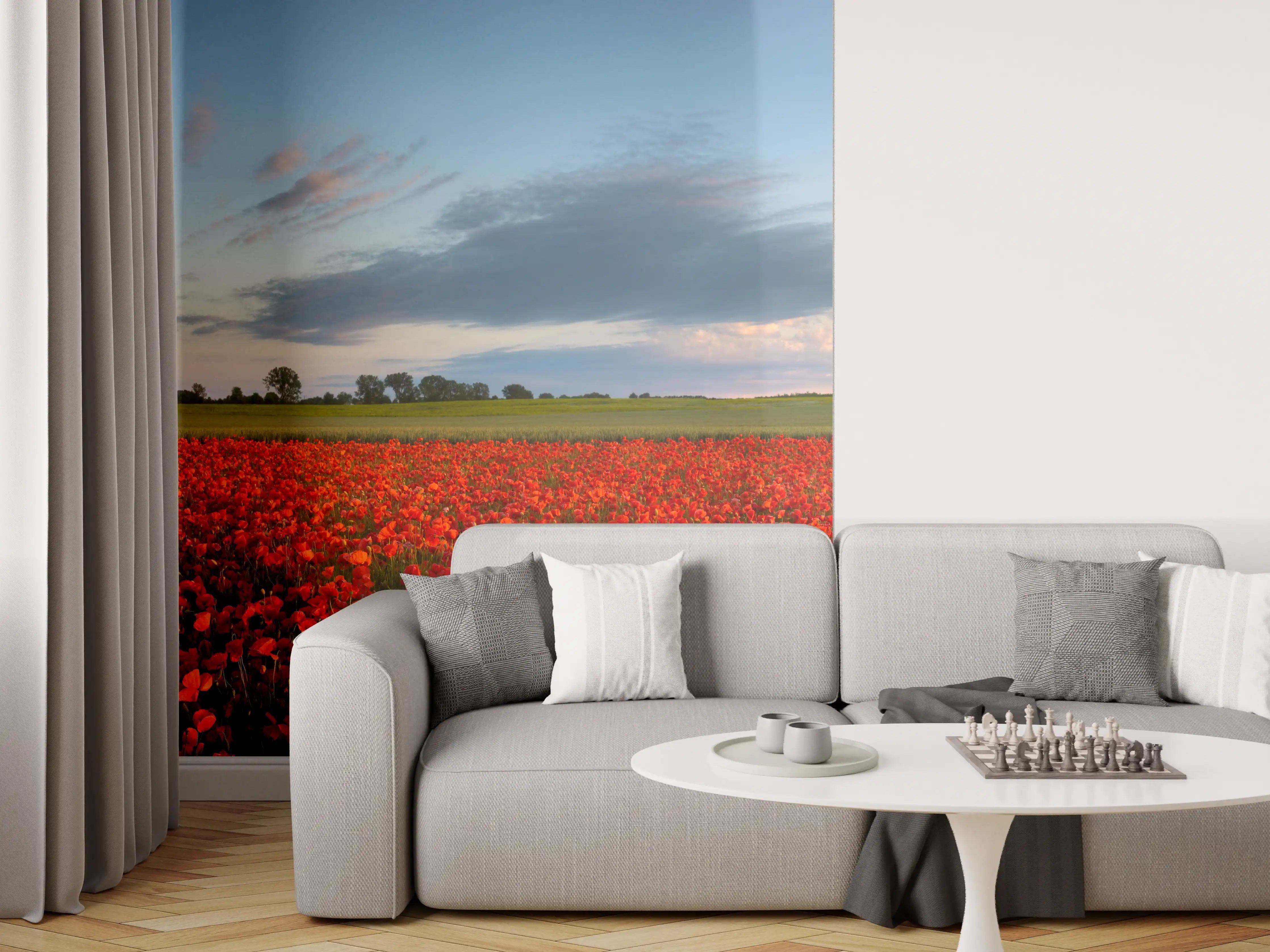 Wandverkleidung Wohnzimmer - Rotes Mohnfeld unter blauem Himmel