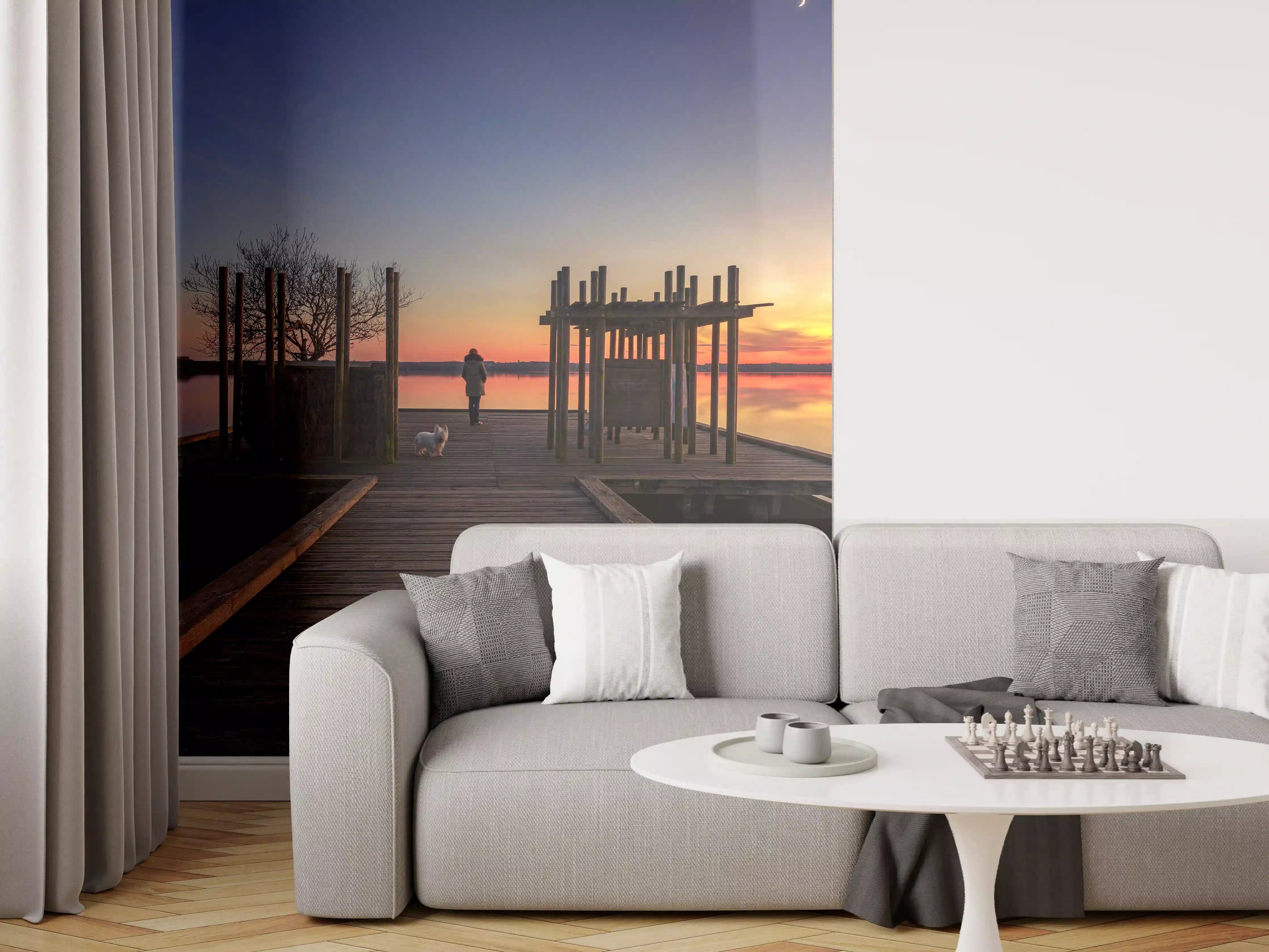 Wandverkleidung Wohnzimmer - Ruhiger See bei Sonnenuntergang