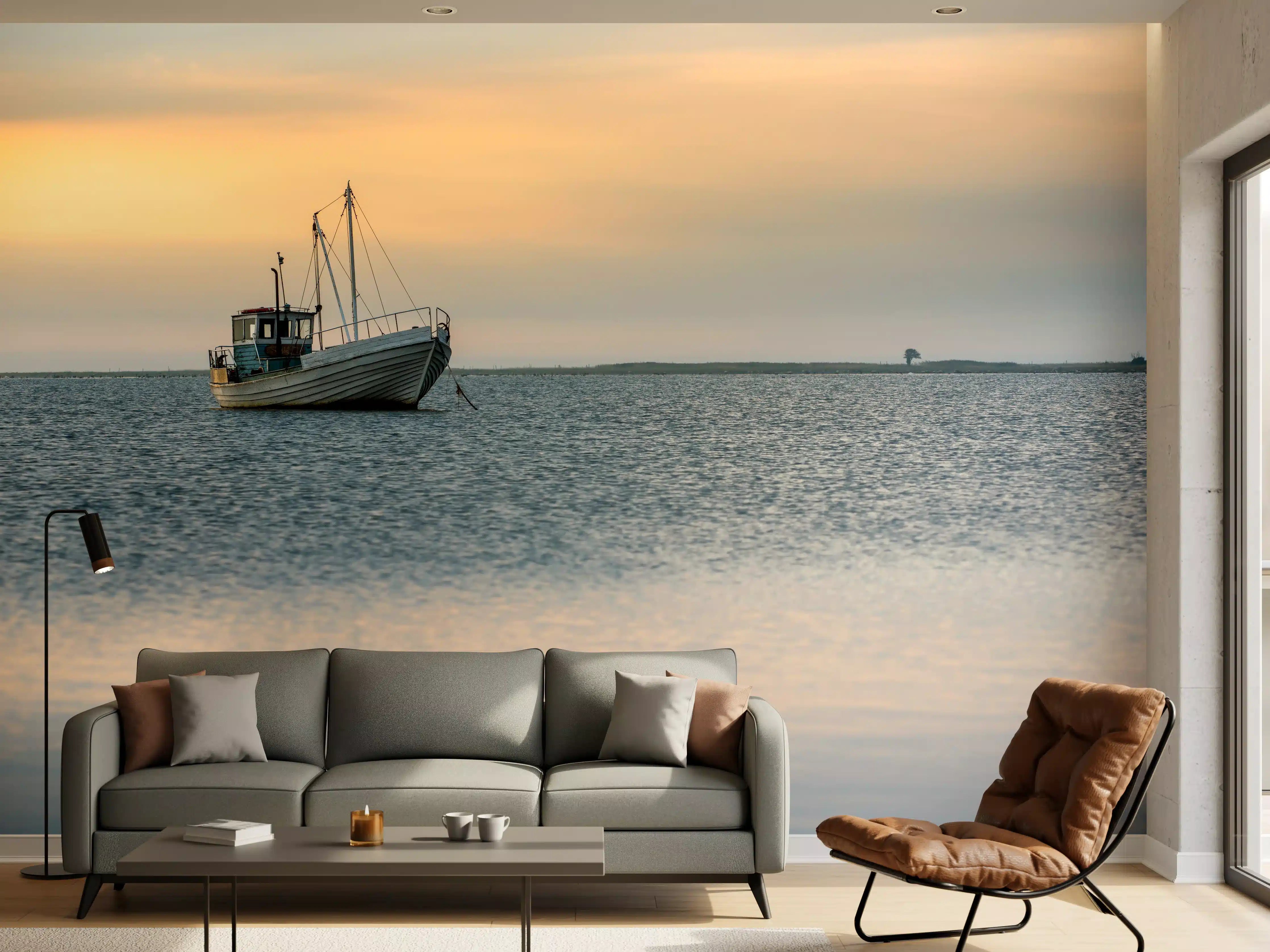 Wandverkleidung Wohnzimmer - Ruhiges Boot auf dem Wasser