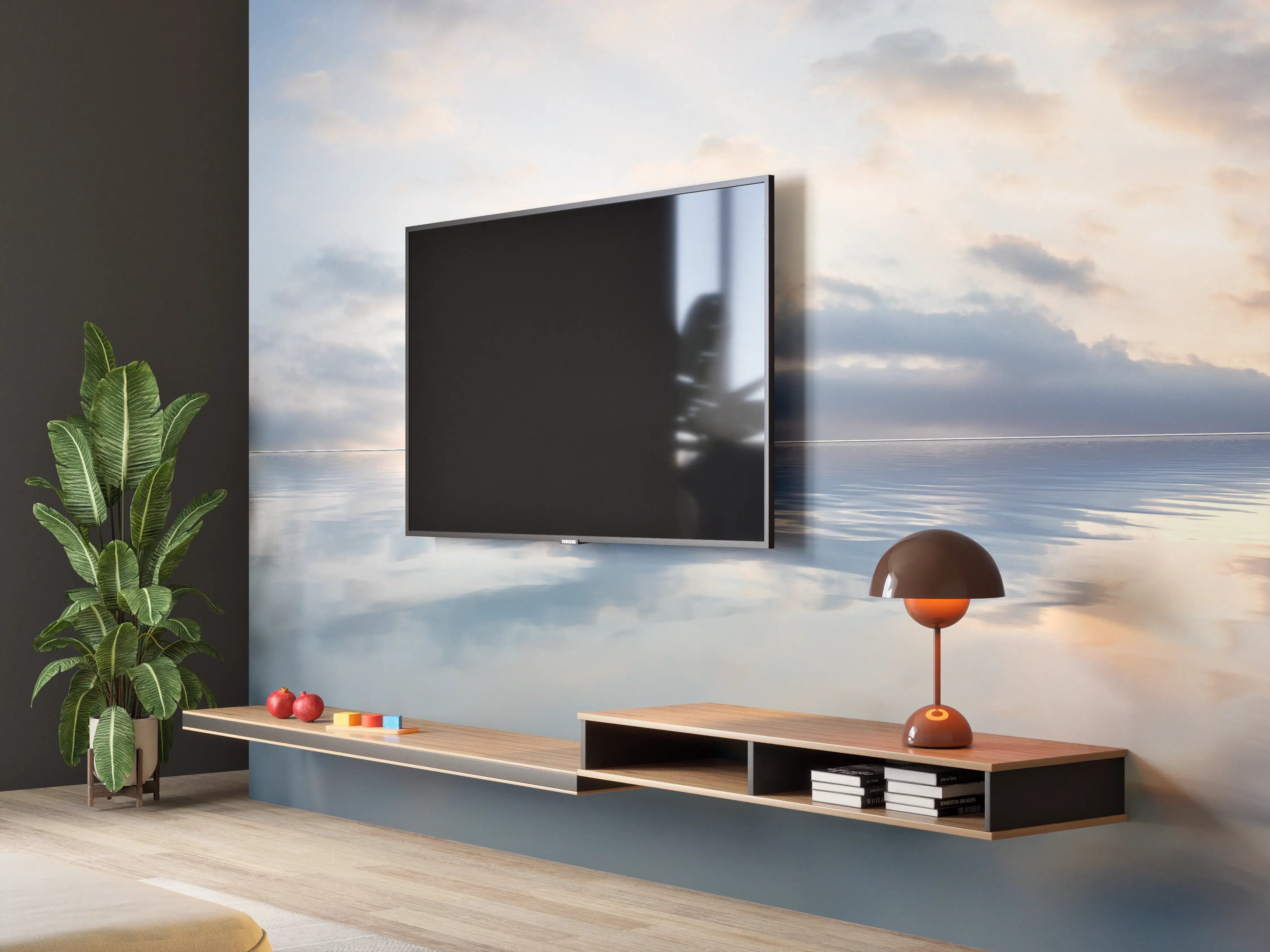 Wandverkleidung Wohnzimmer - Ruhiges Wasser mit sanften Wolkenstrukturen