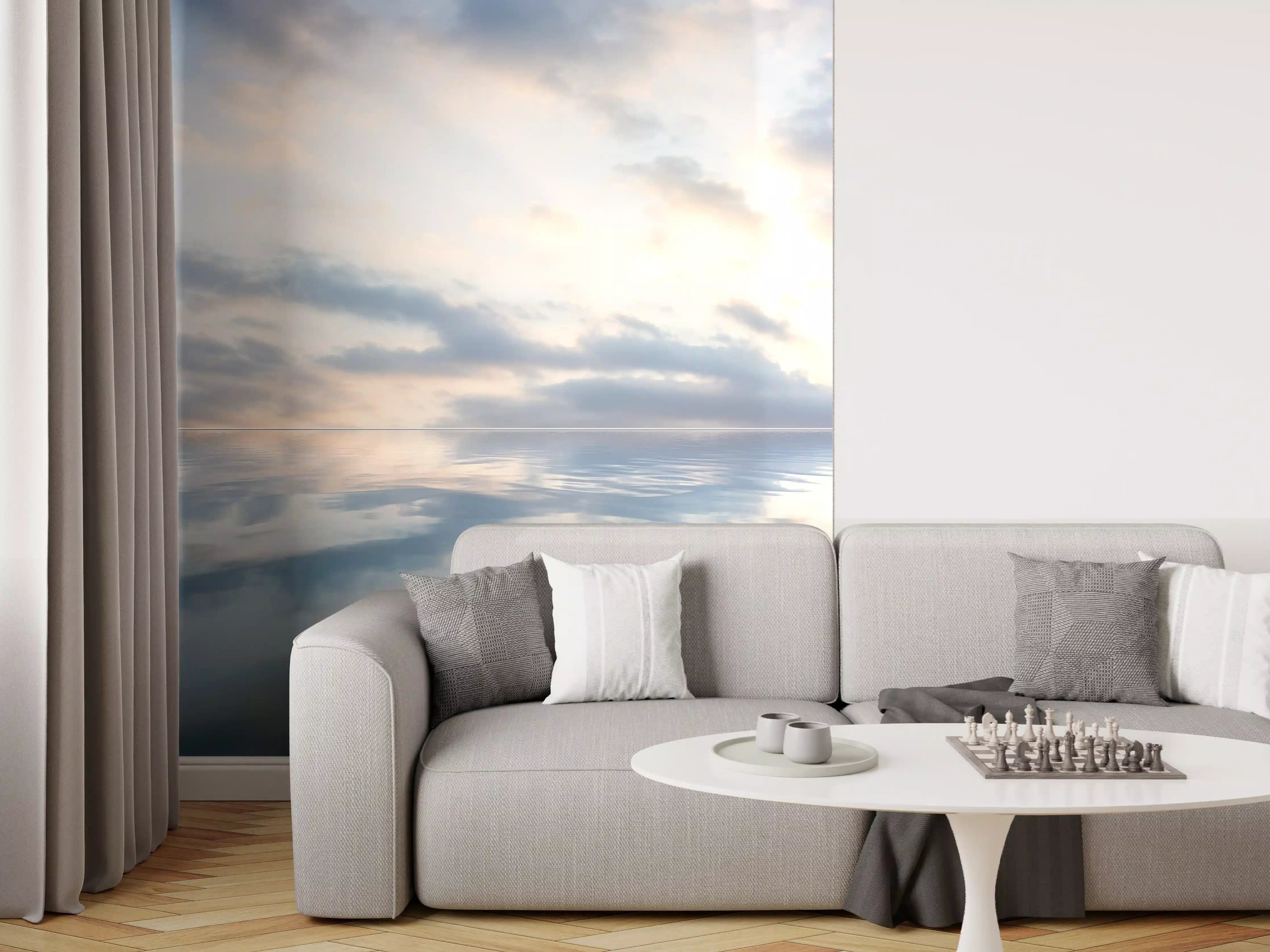Wandverkleidung Wohnzimmer - Ruhiges Wasser mit sanften Wolkenstrukturen