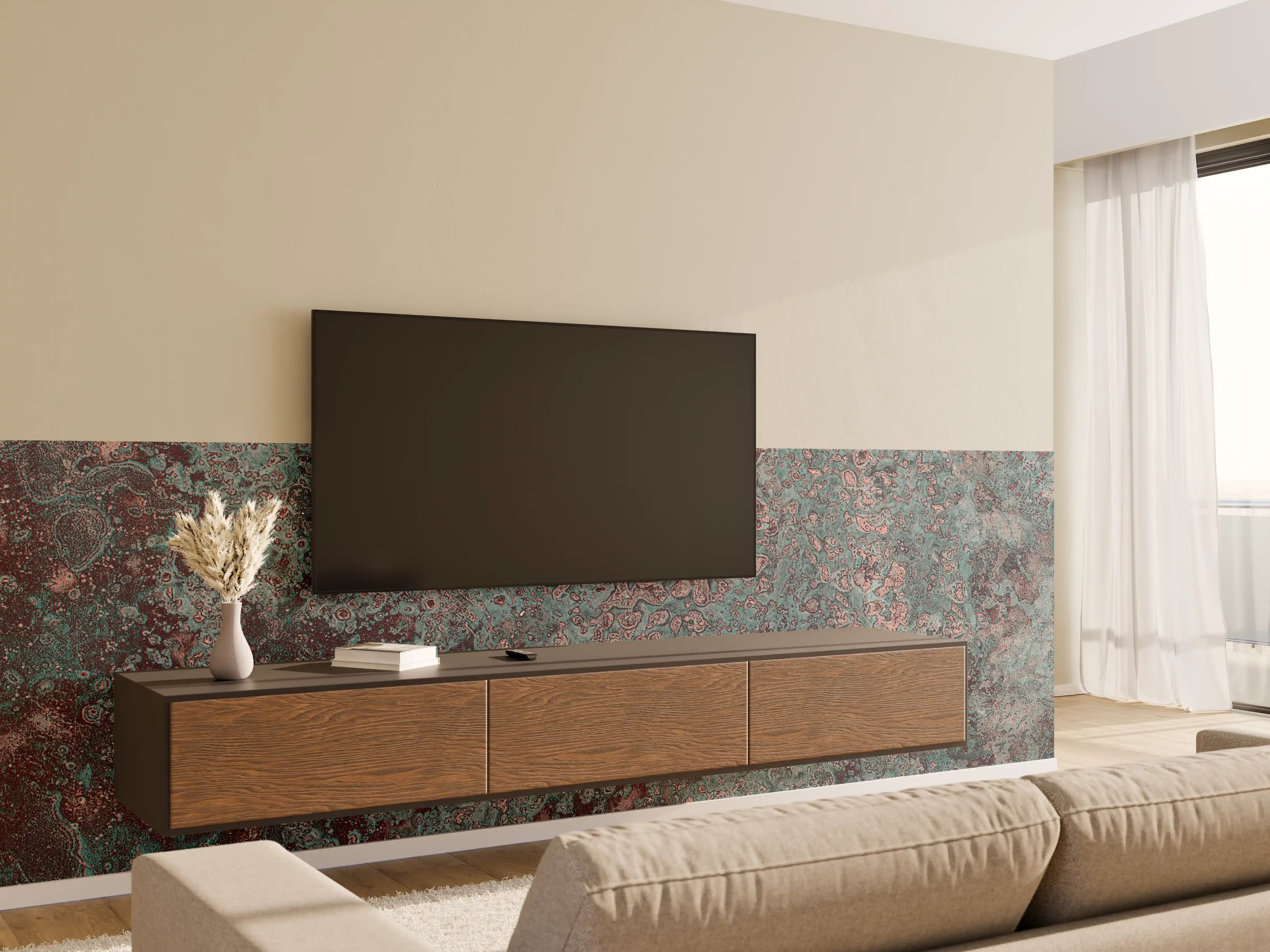 Wandverkleidung Wohnzimmer - Rustikale Metall-Textur mit Patina