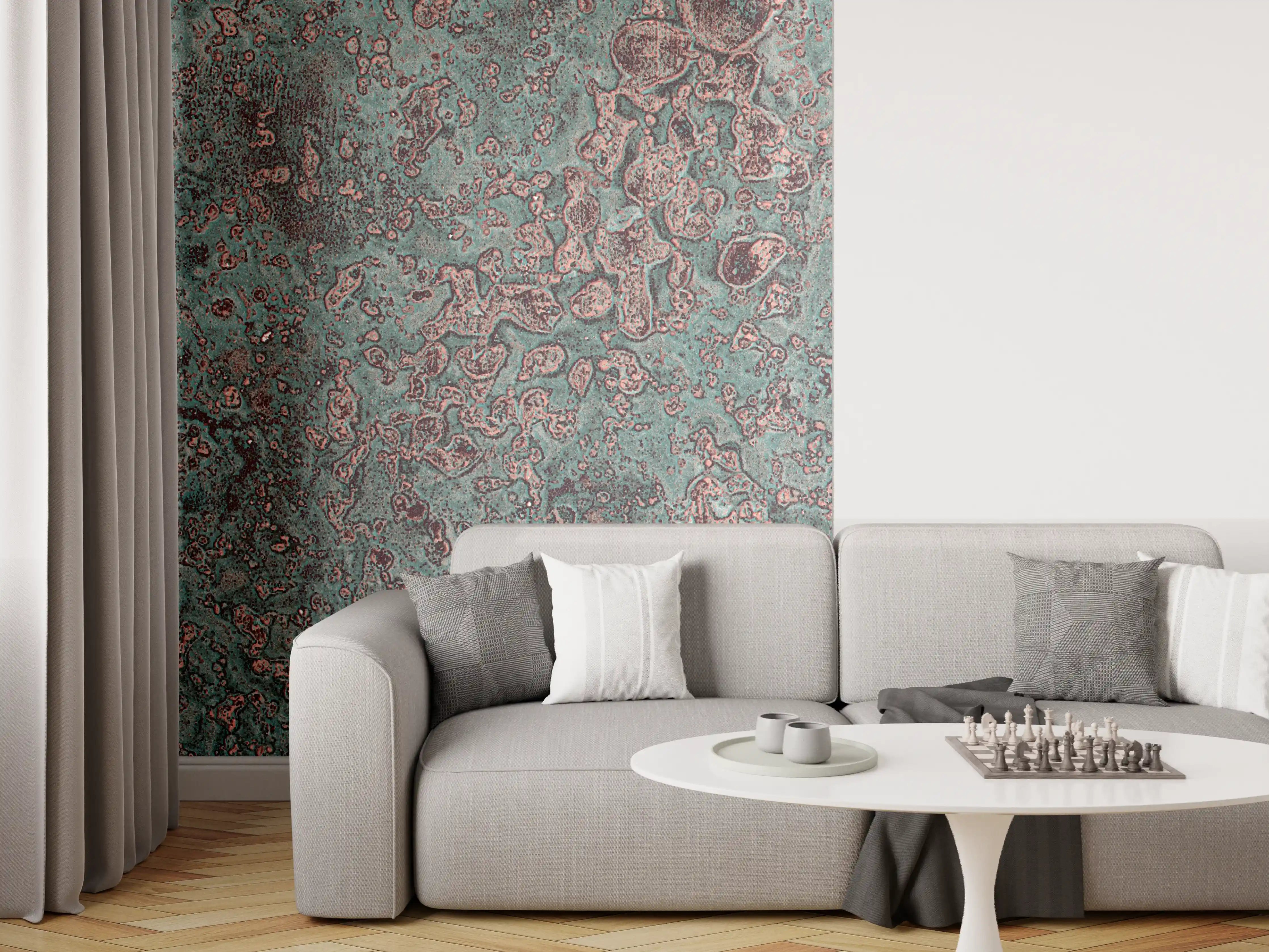 Wandverkleidung Wohnzimmer - Rustikale Metall-Textur mit Patina