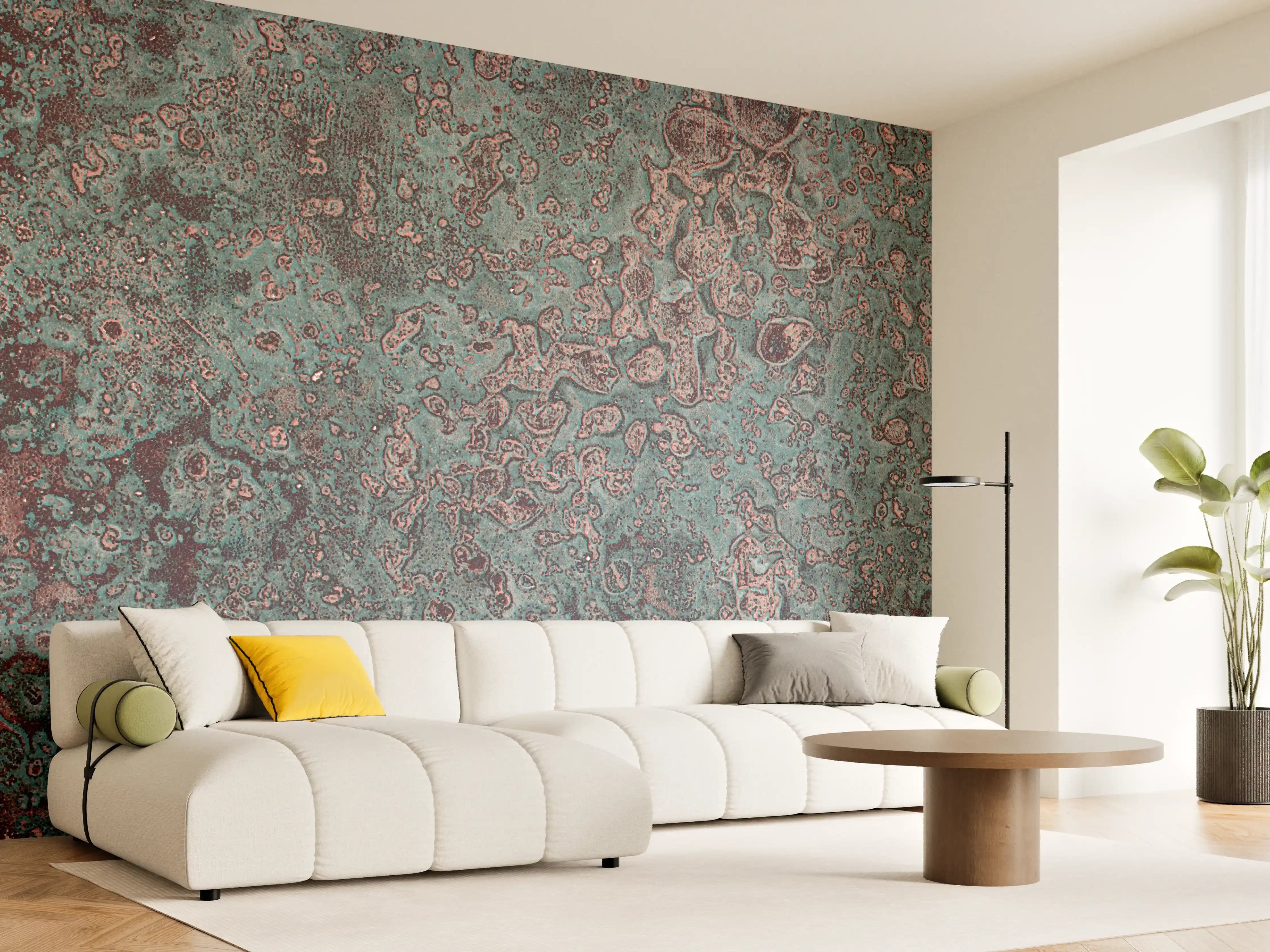 Wandverkleidung Wohnzimmer - Rustikale Metall-Textur mit Patina