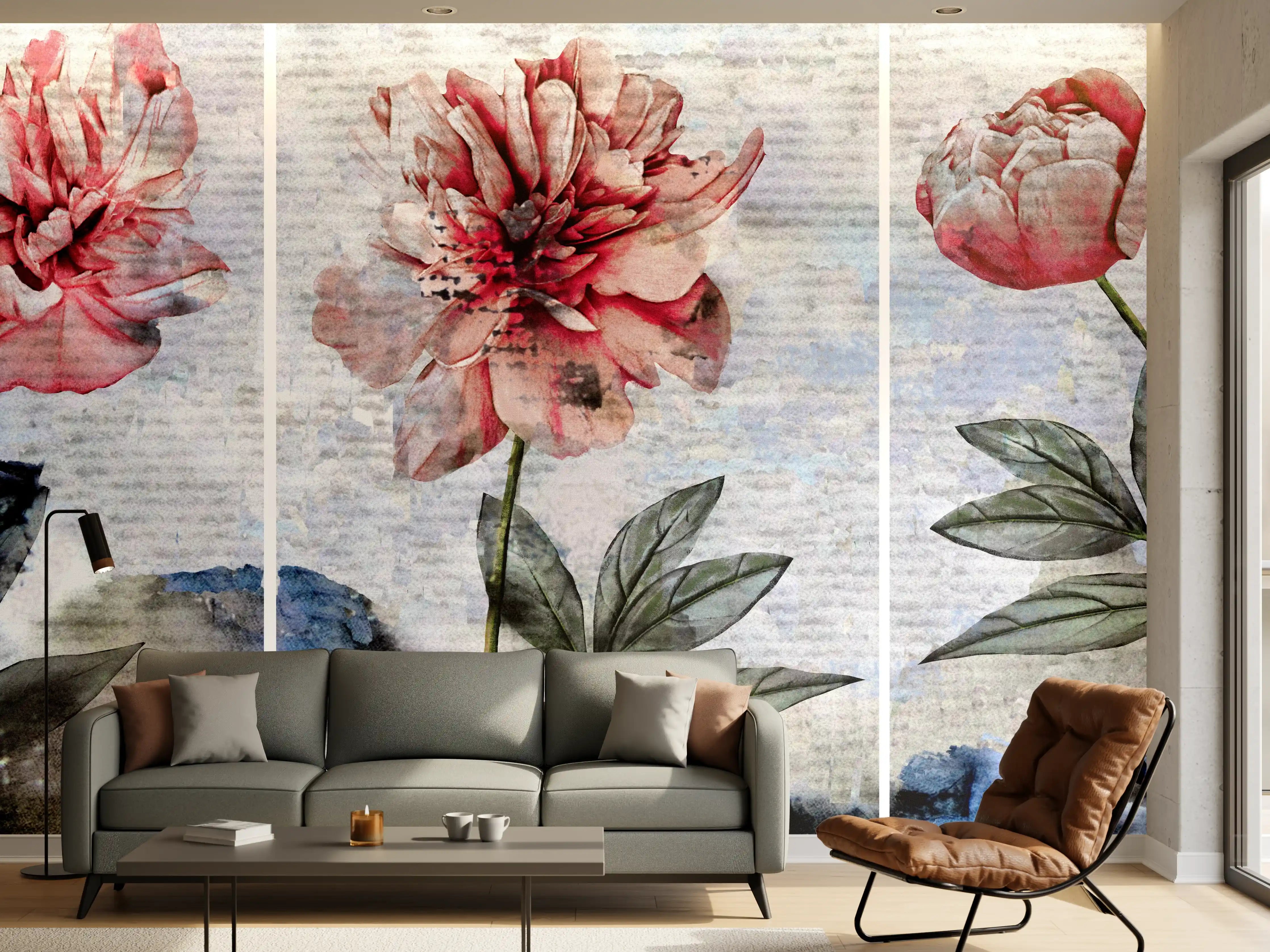 Wandverkleidung Wohnzimmer - Sammlung von rosa Blumen - Ölgemälden