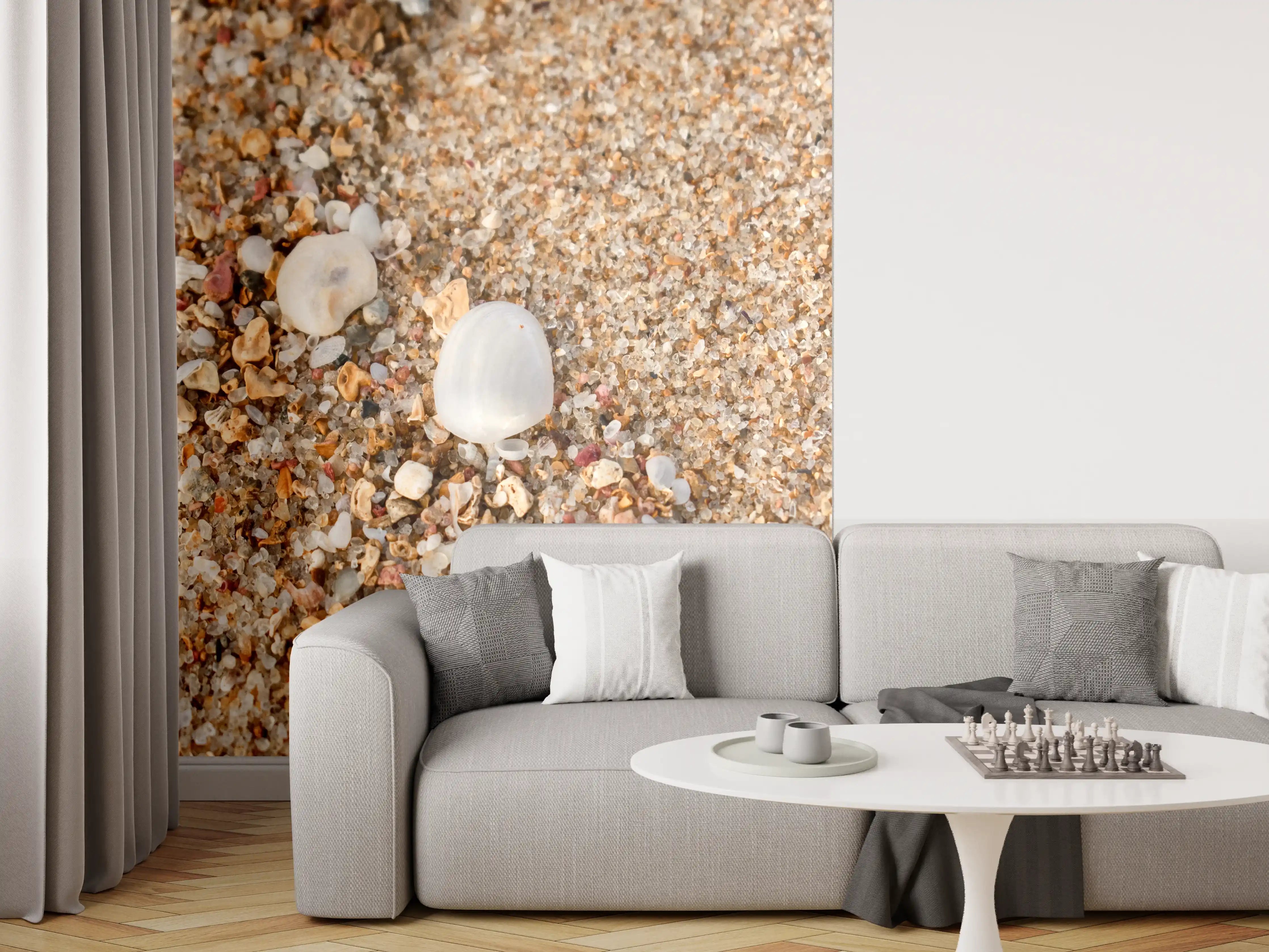 Wandverkleidung Wohnzimmer - Sand und Muschel im Strand