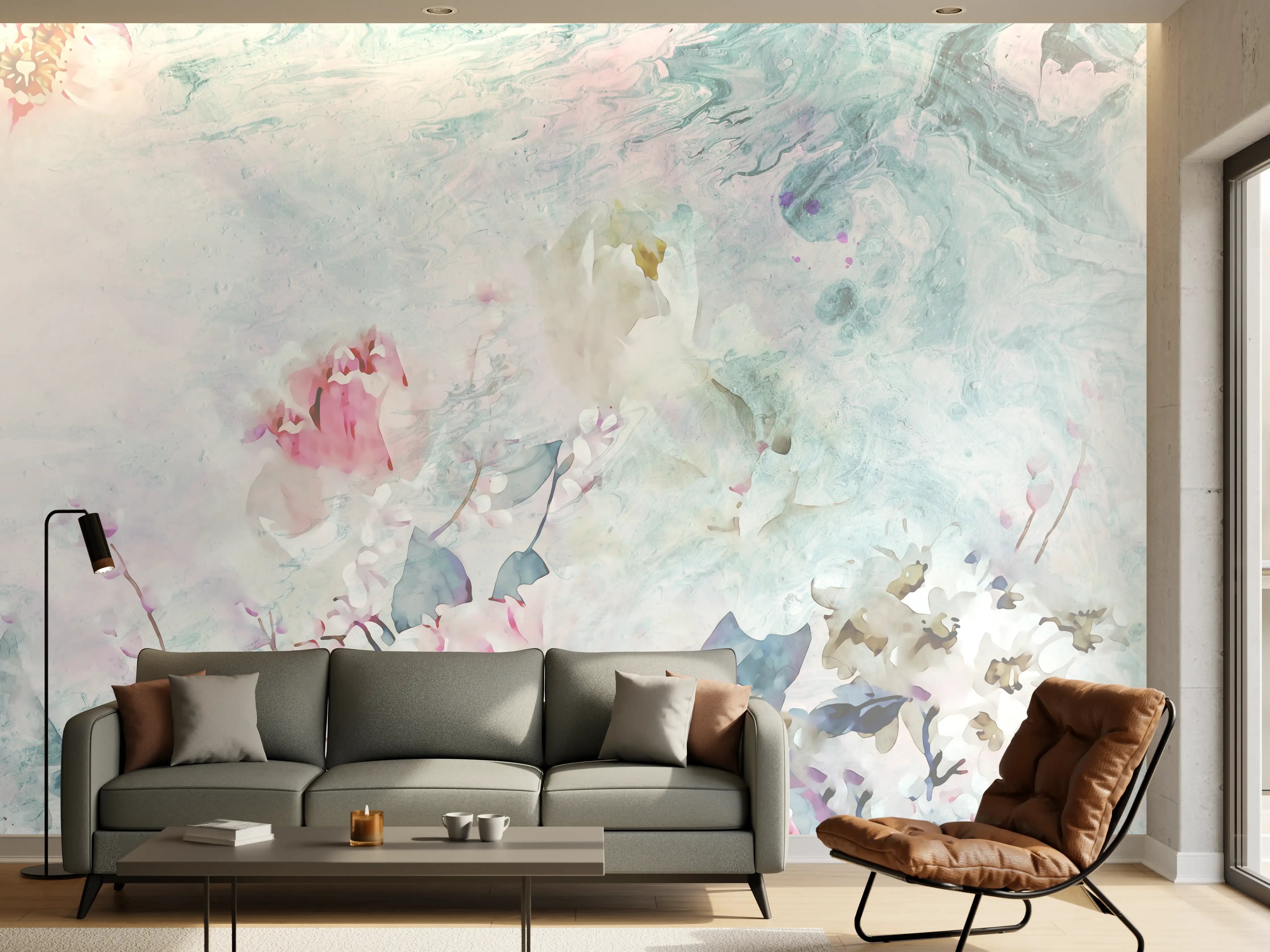 Wandverkleidung Wohnzimmer - Sanfte Aquarellblumen im Pastell-Design