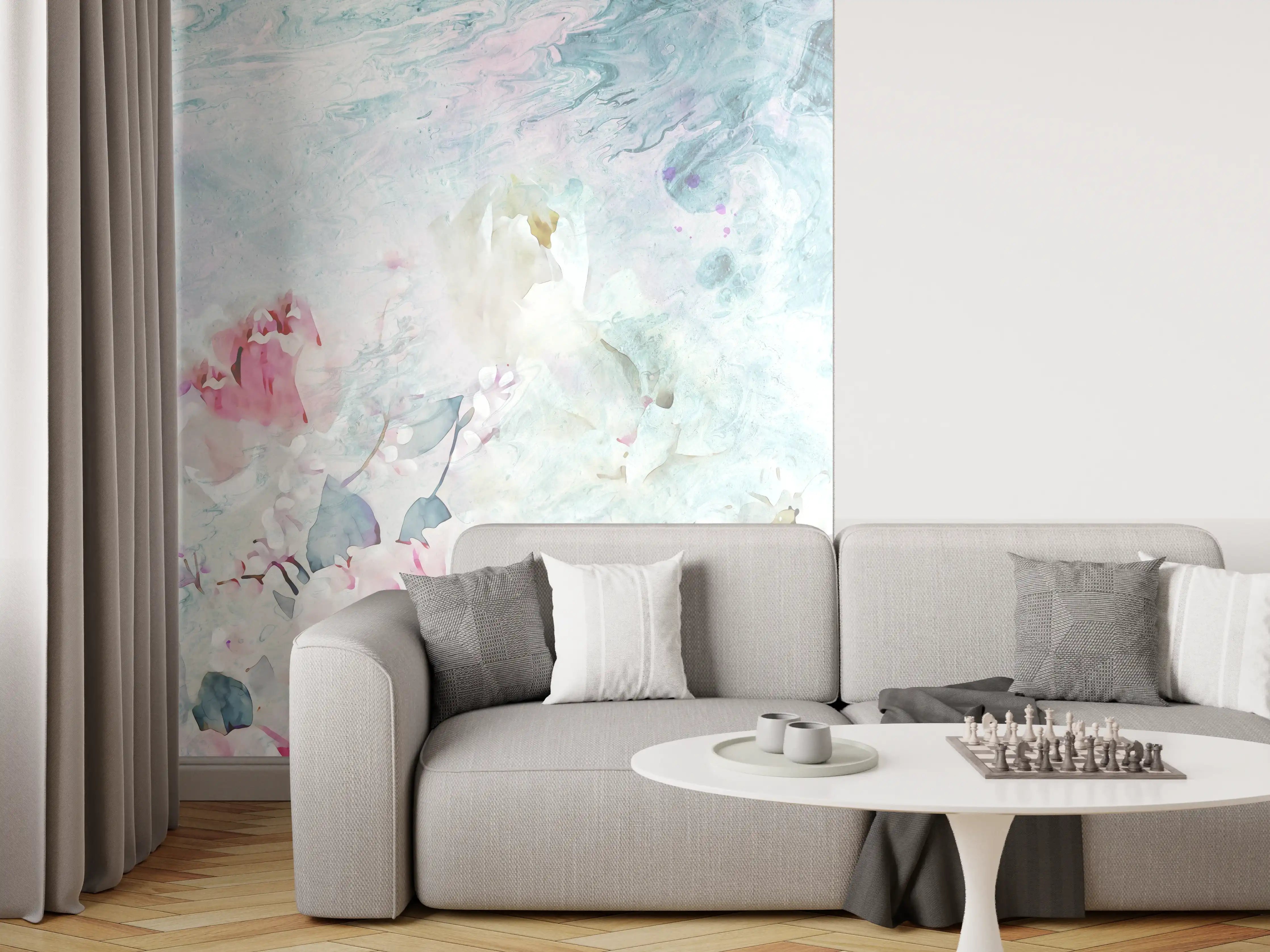 Wandverkleidung Wohnzimmer - Sanfte Aquarellblumen im Pastell-Design
