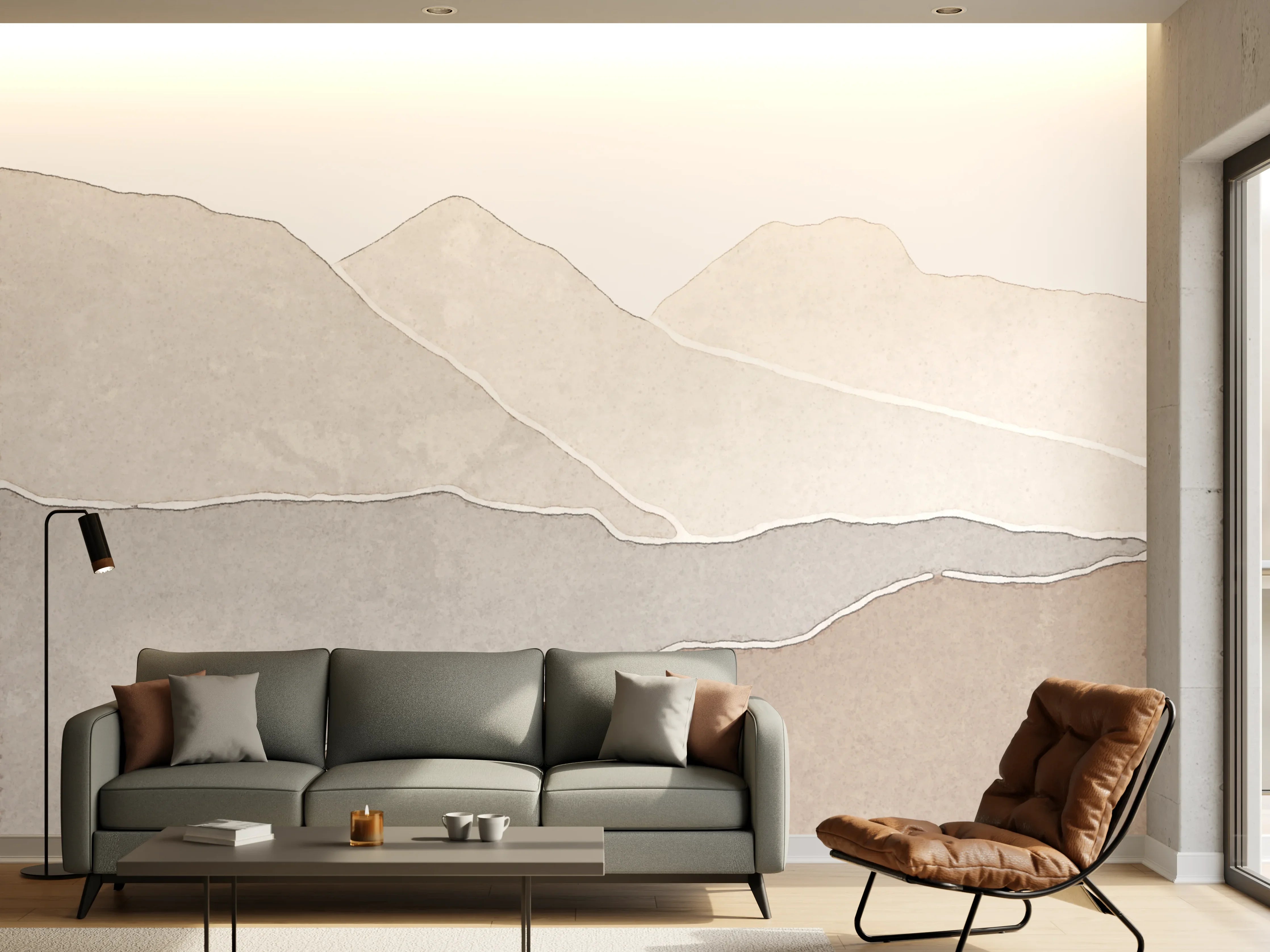 Wandverkleidung Wohnzimmer - Sanfte Berglandschaft in Erdtönen