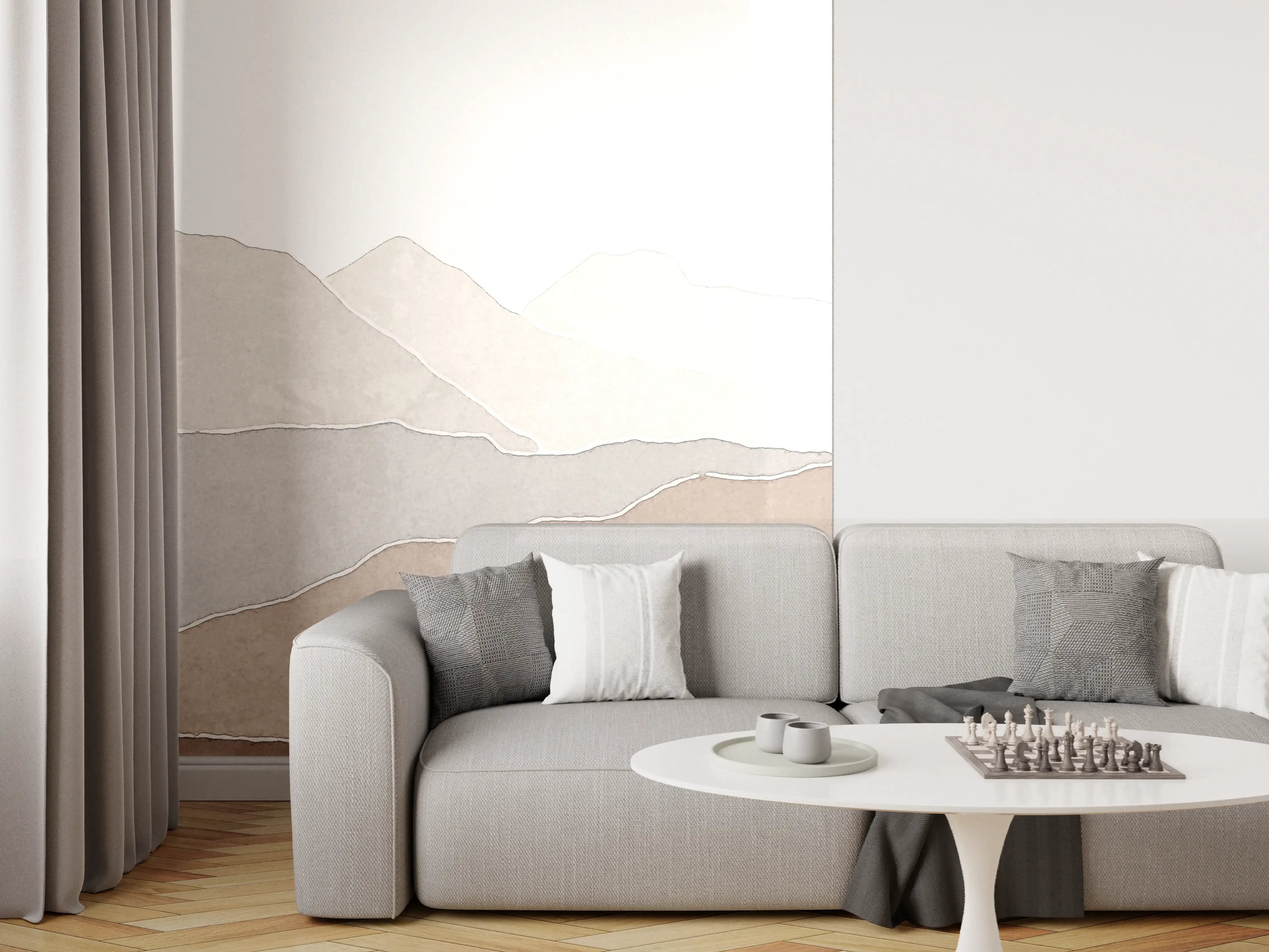 Wandverkleidung Wohnzimmer - Sanfte Berglandschaft in Erdtönen