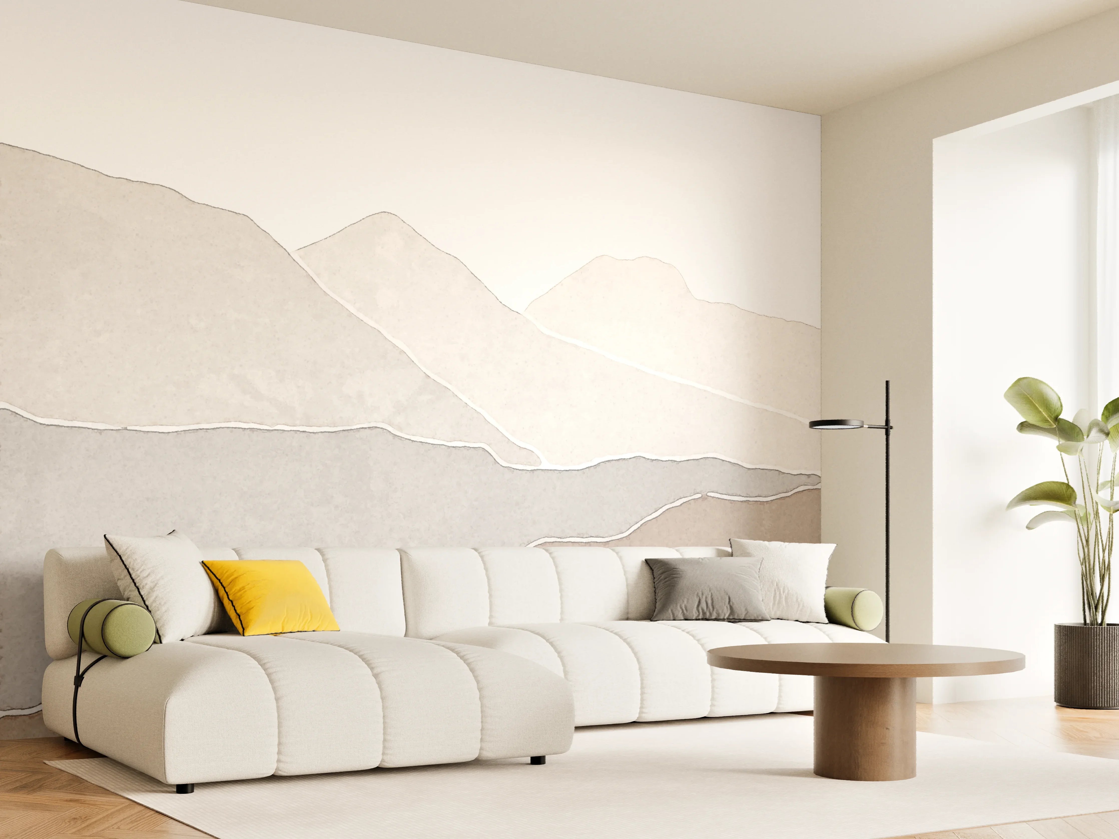 Wandverkleidung Wohnzimmer - Sanfte Berglandschaft in Erdtönen
