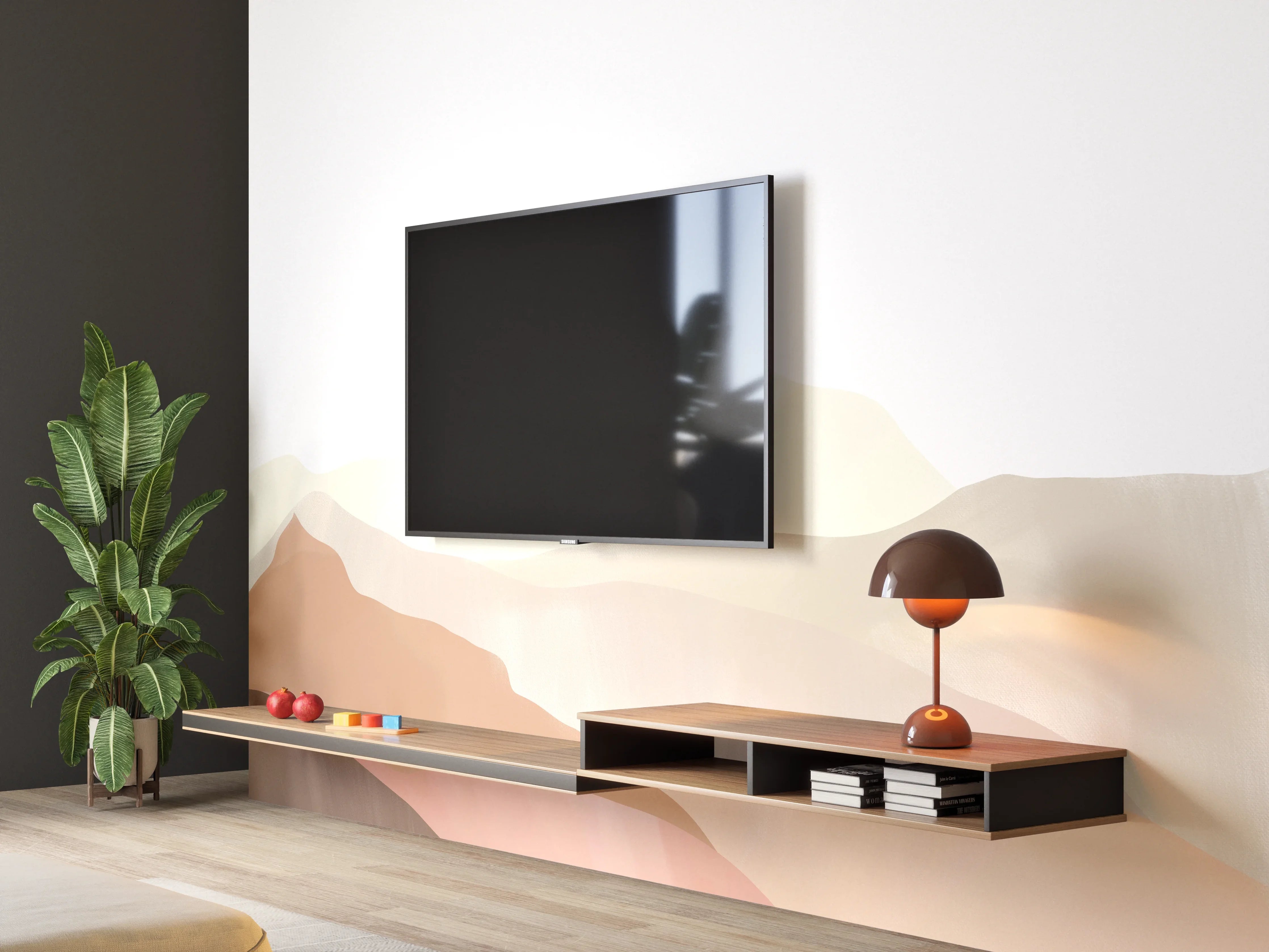Wandverkleidung Wohnzimmer - Sanfte Berglandschaft in Pastellfarben
