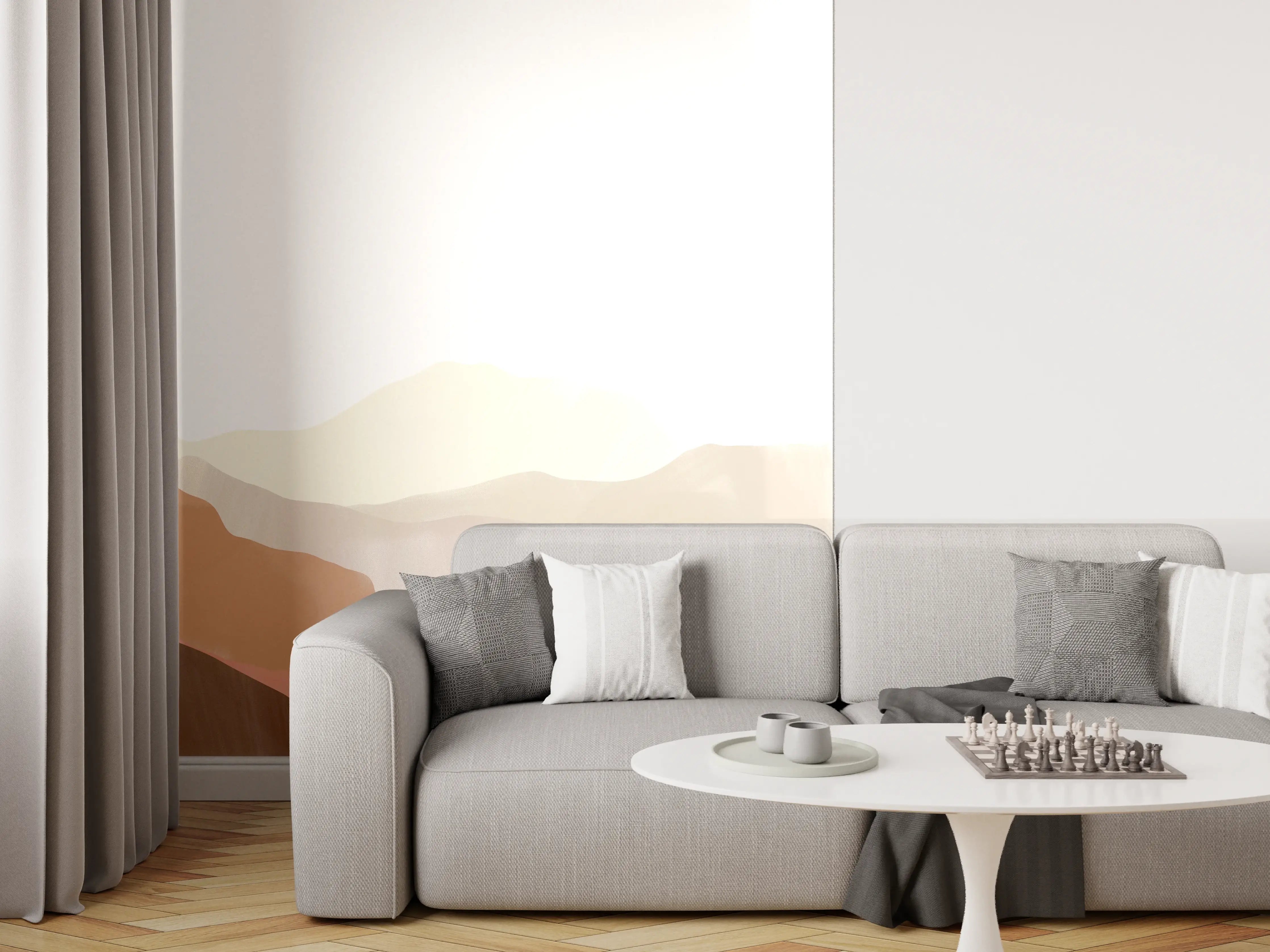 Wandverkleidung Wohnzimmer - Sanfte Berglandschaft in Pastellfarben