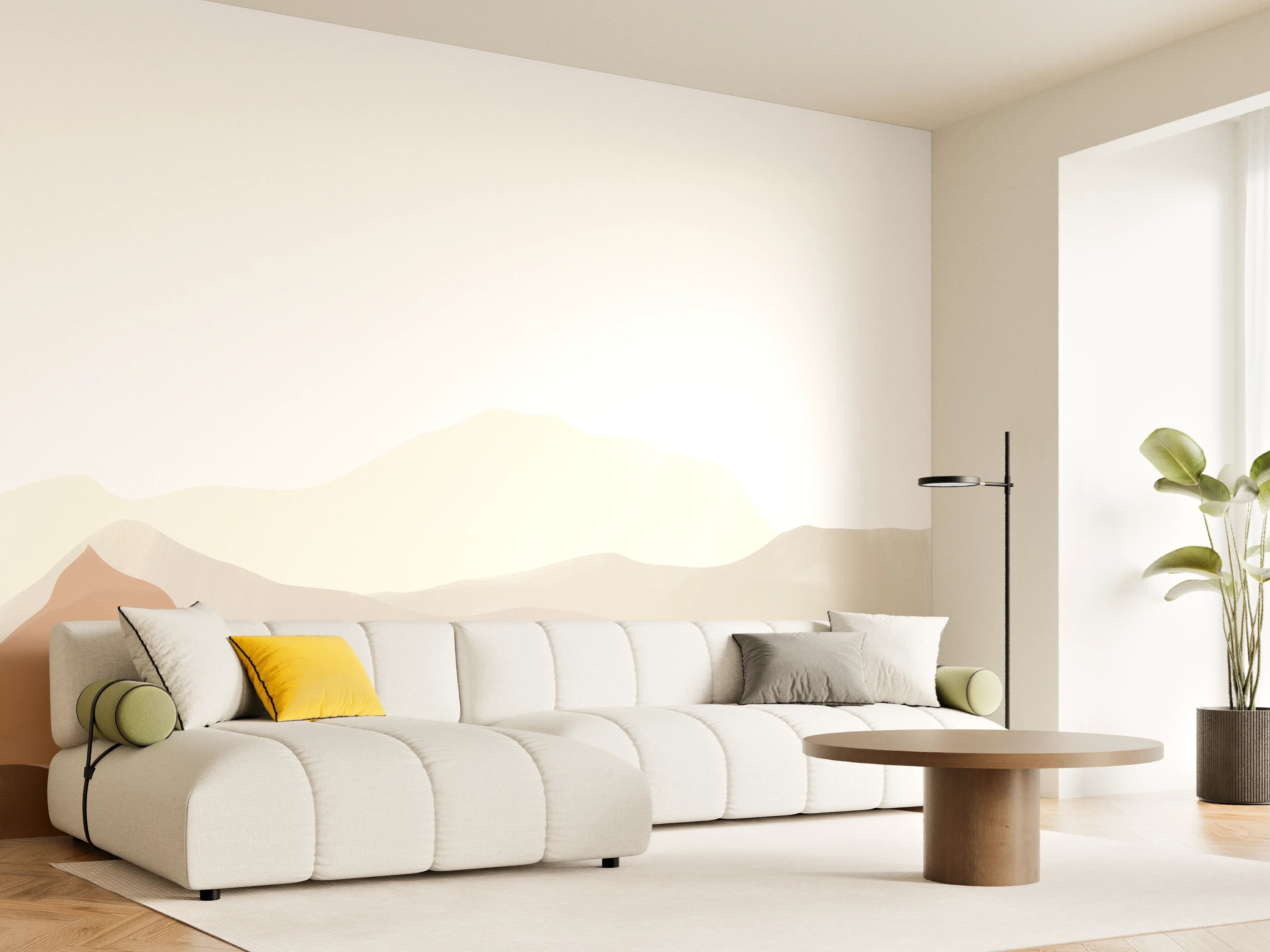 Wandverkleidung Wohnzimmer - Sanfte Berglandschaft in Pastellfarben