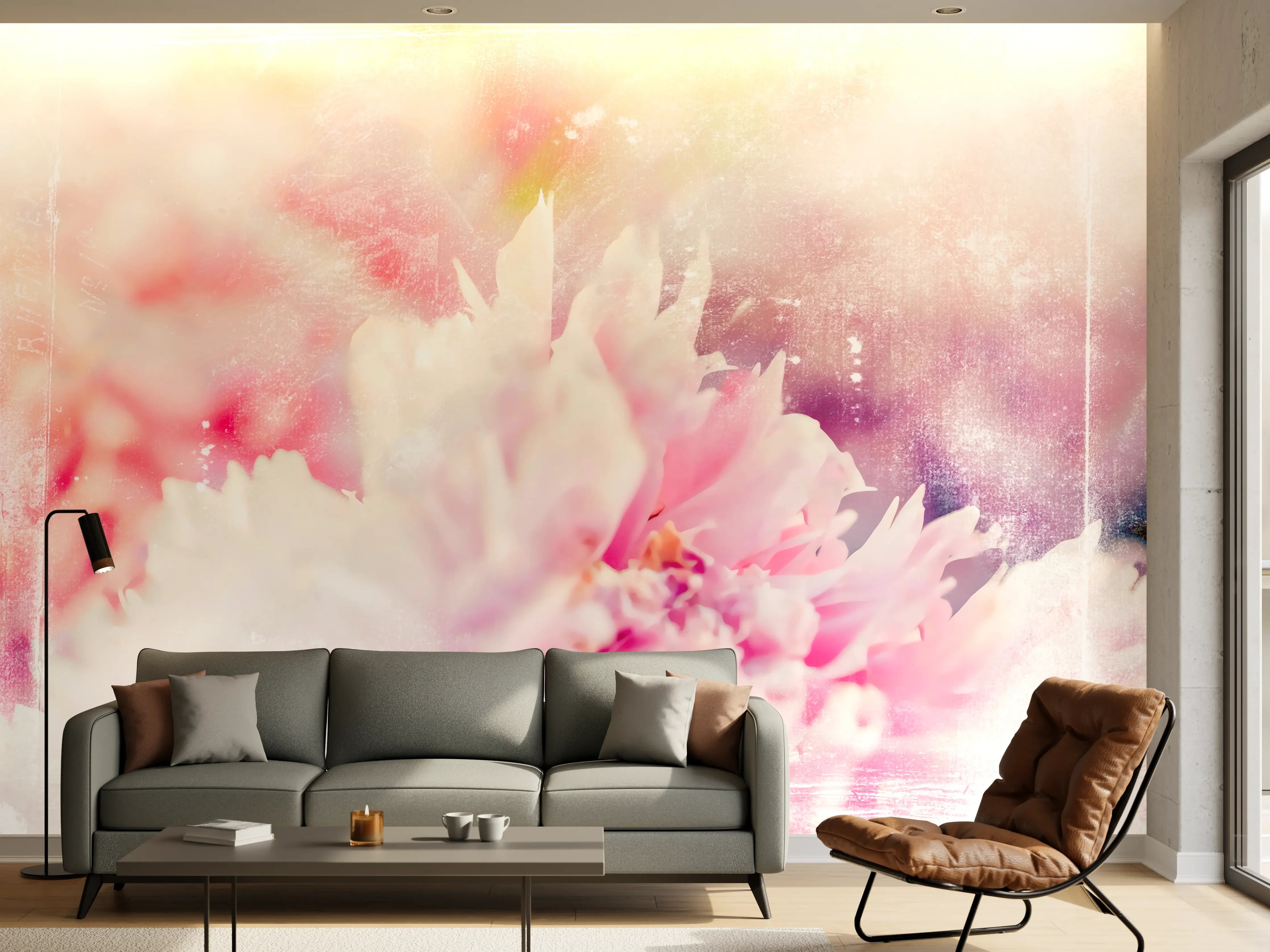 Wandverkleidung Wohnzimmer - Sanfte Blüten-Pracht in Pastellfarben