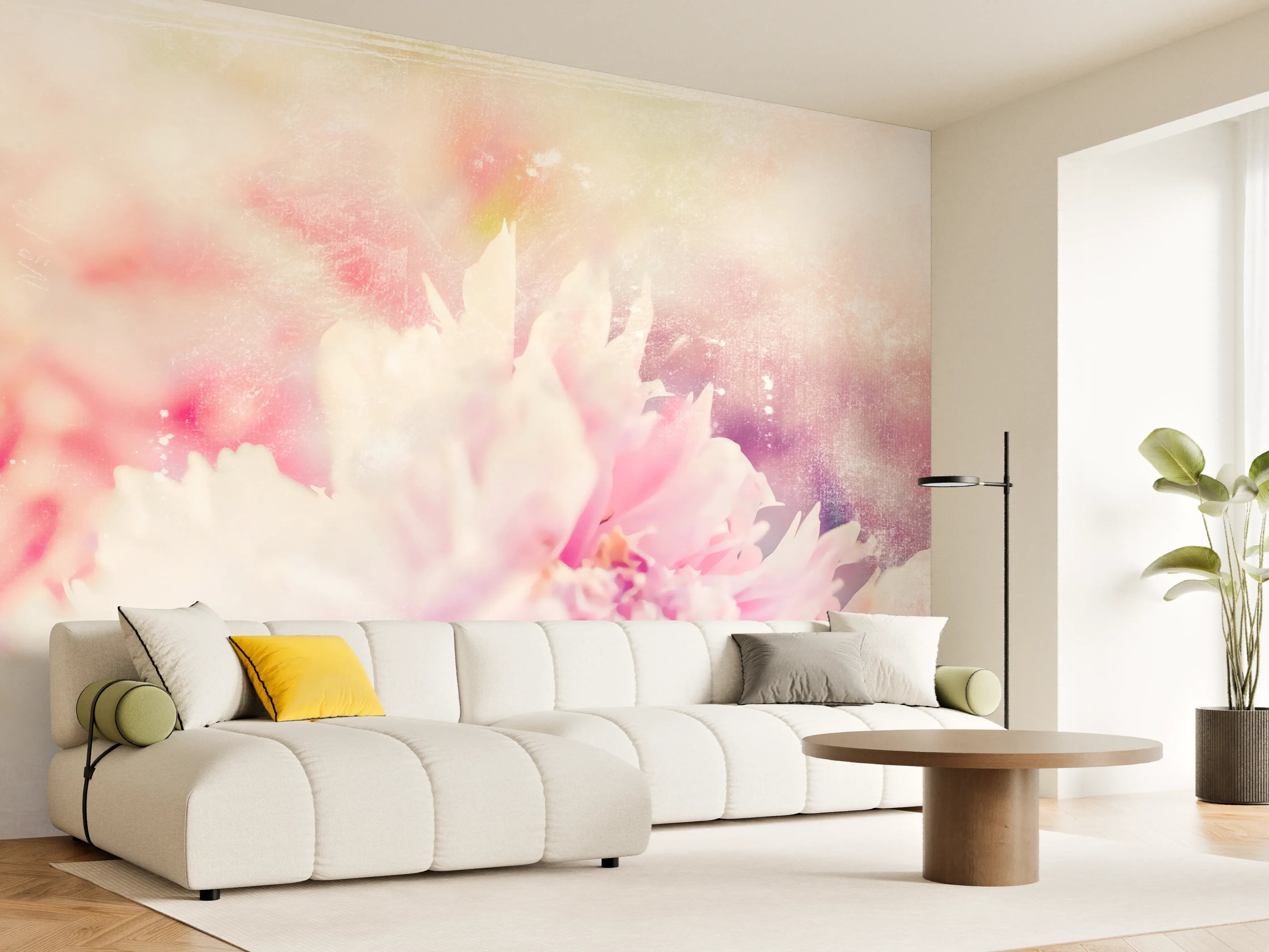 Wandverkleidung Wohnzimmer - Sanfte Blüten-Pracht in Pastellfarben