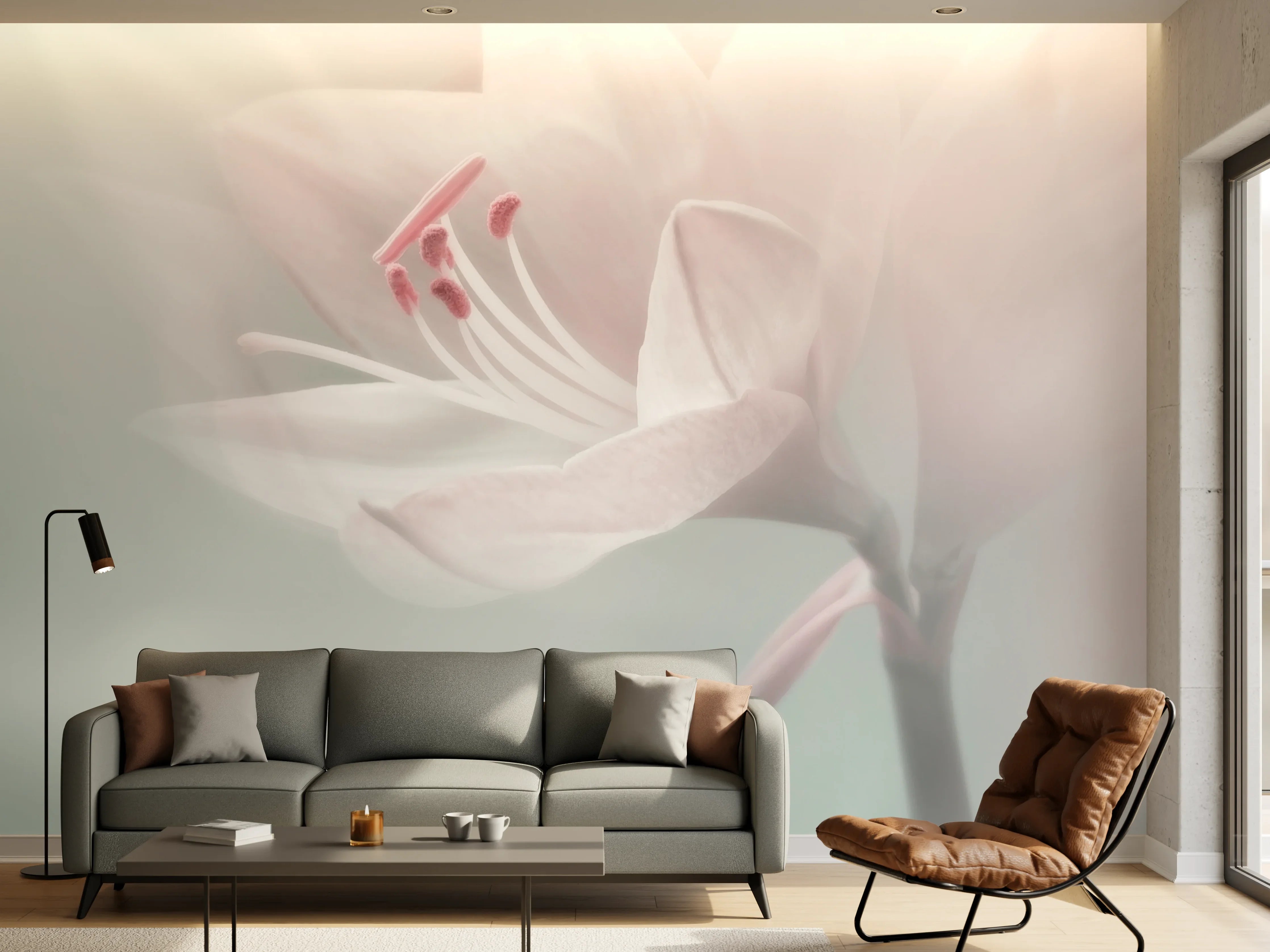 Wandverkleidung Wohnzimmer - Sanfte Blütenfotografie in Pastell