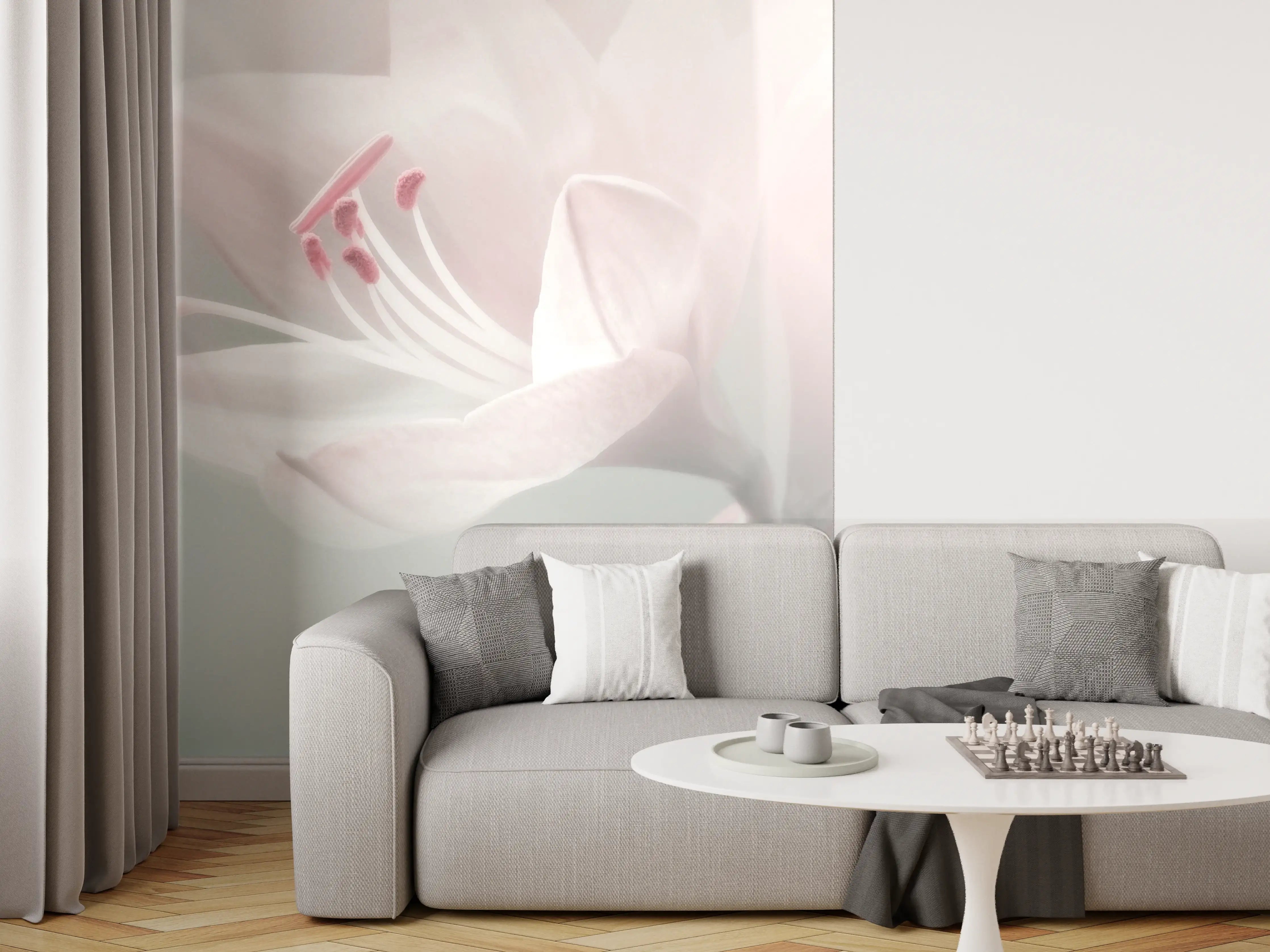 Wandverkleidung Wohnzimmer - Sanfte Blütenfotografie in Pastell