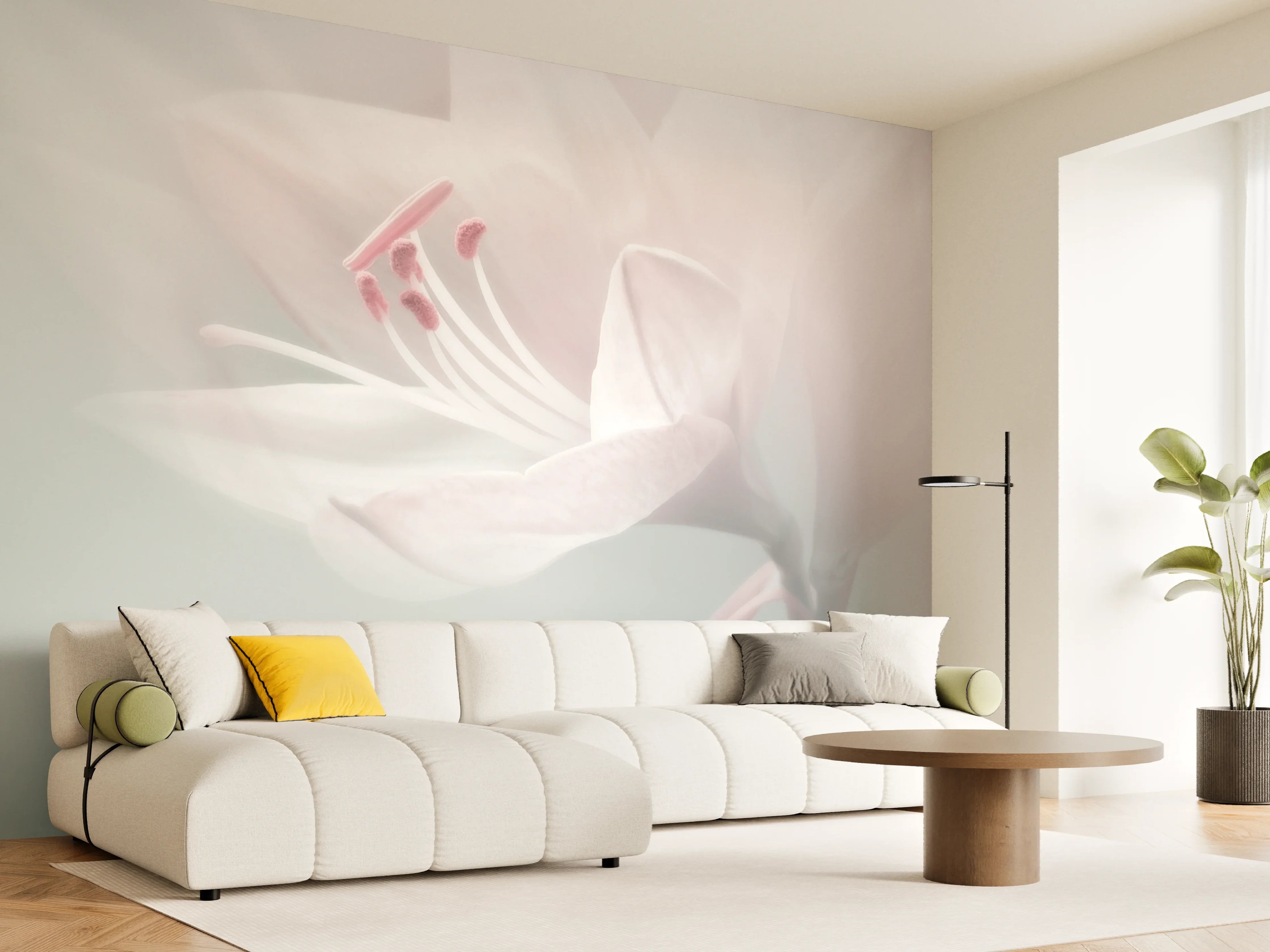 Wandverkleidung Wohnzimmer - Sanfte Blütenfotografie in Pastell