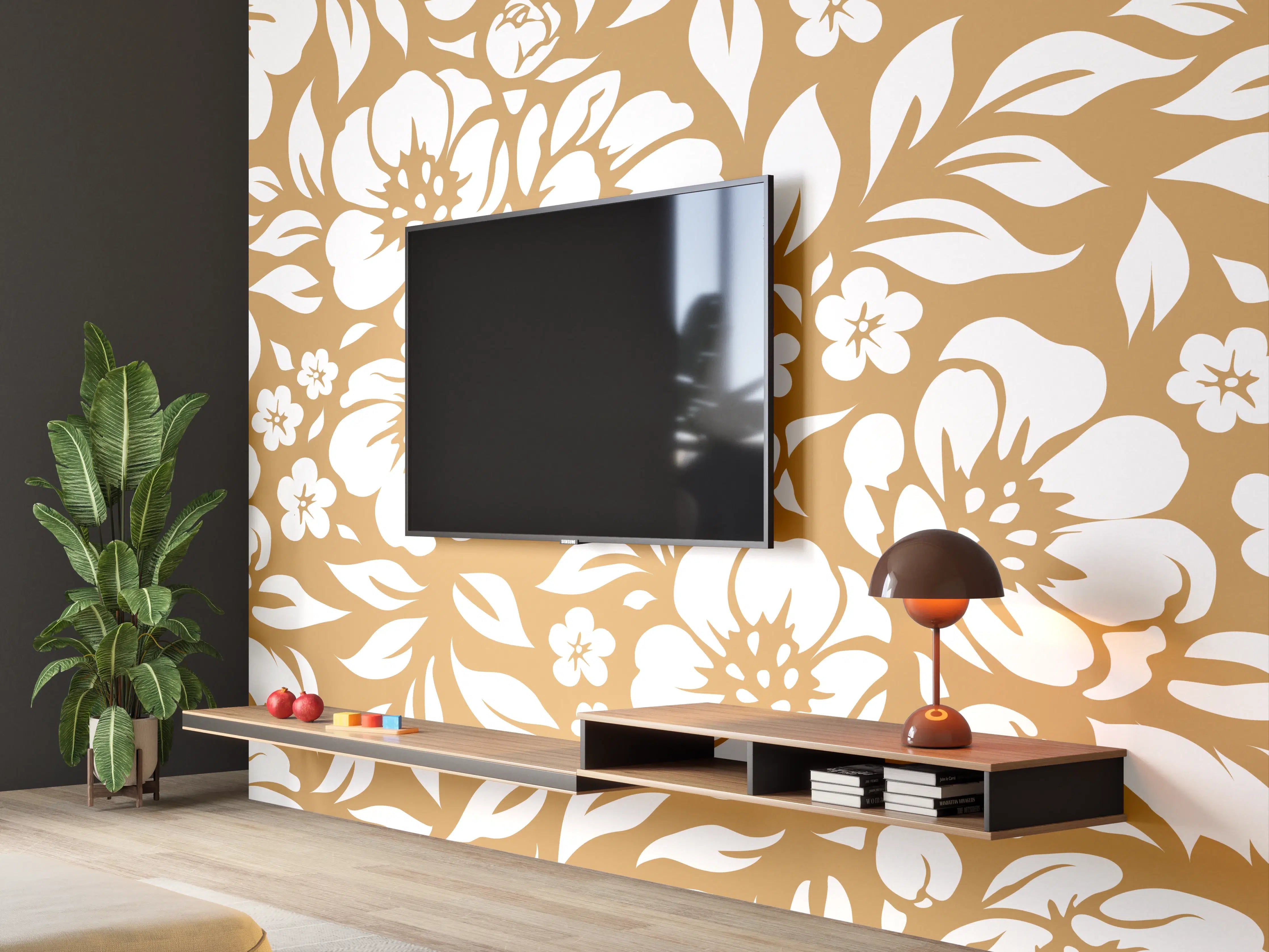 Wandverkleidung Wohnzimmer - Sanfte Blumen in Beige und Grauweiß