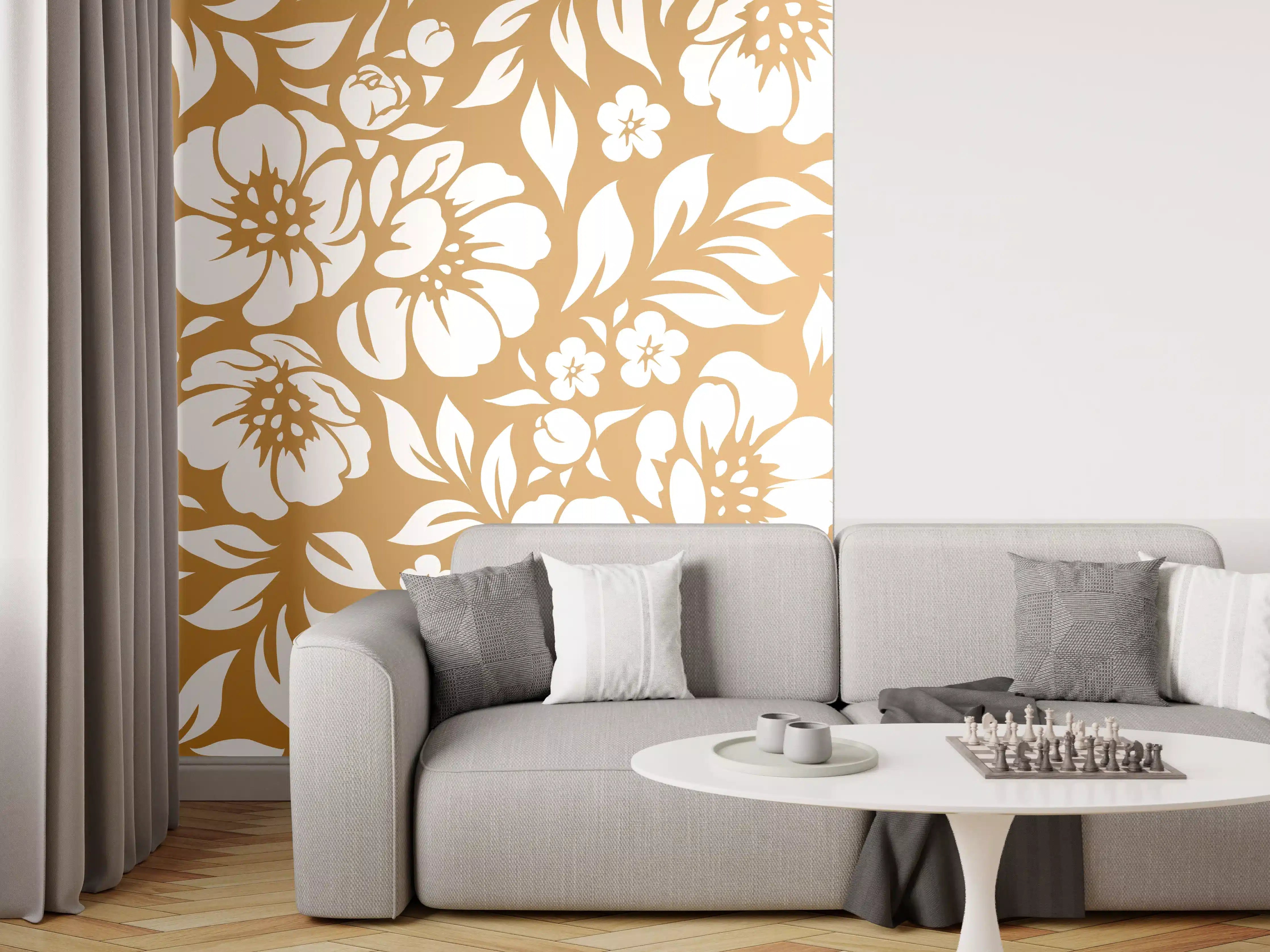 Wandverkleidung Wohnzimmer - Sanfte Blumen in Beige und Grauweiß