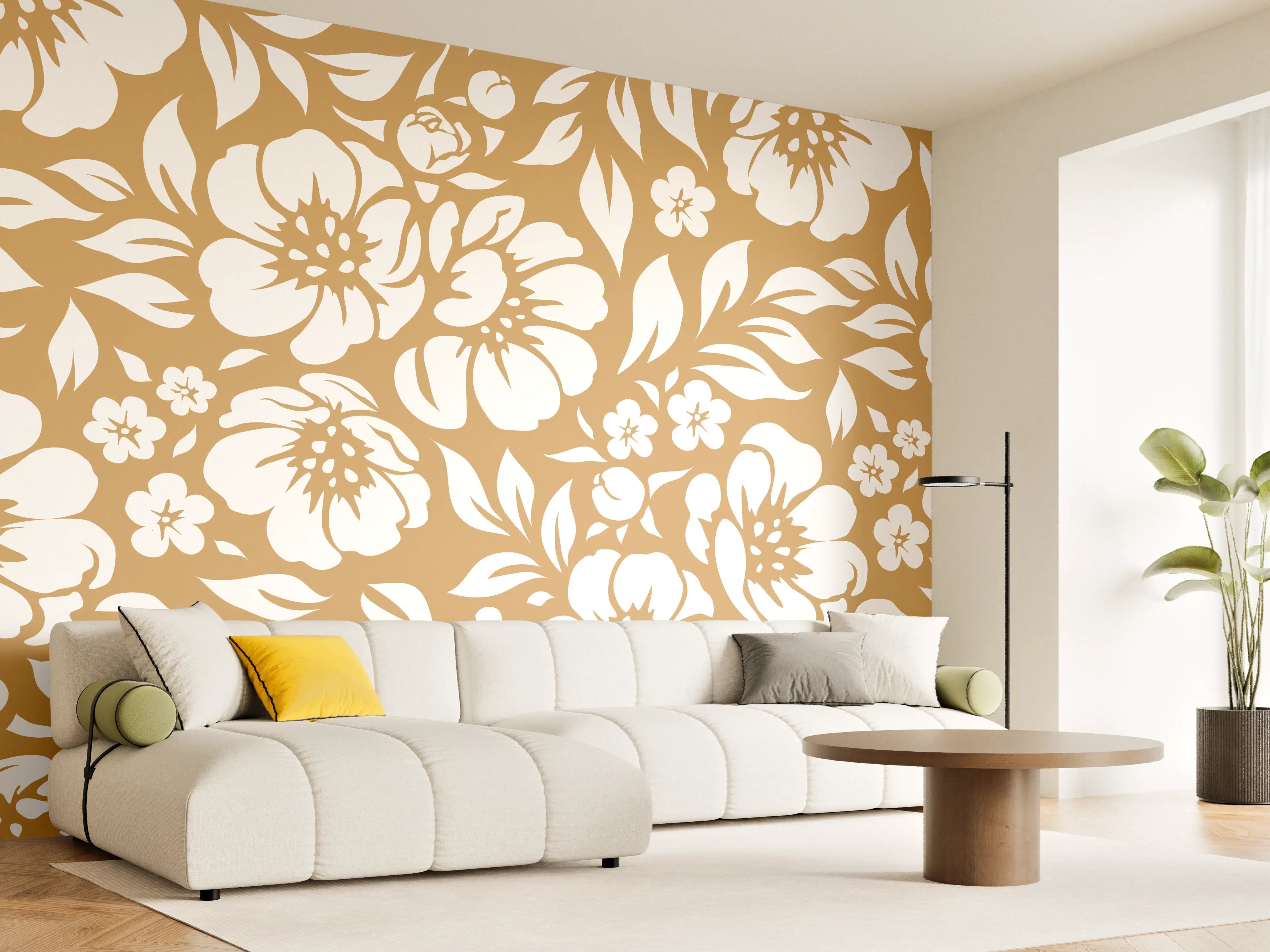 Wandverkleidung Wohnzimmer - Sanfte Blumen in Beige und Grauweiß