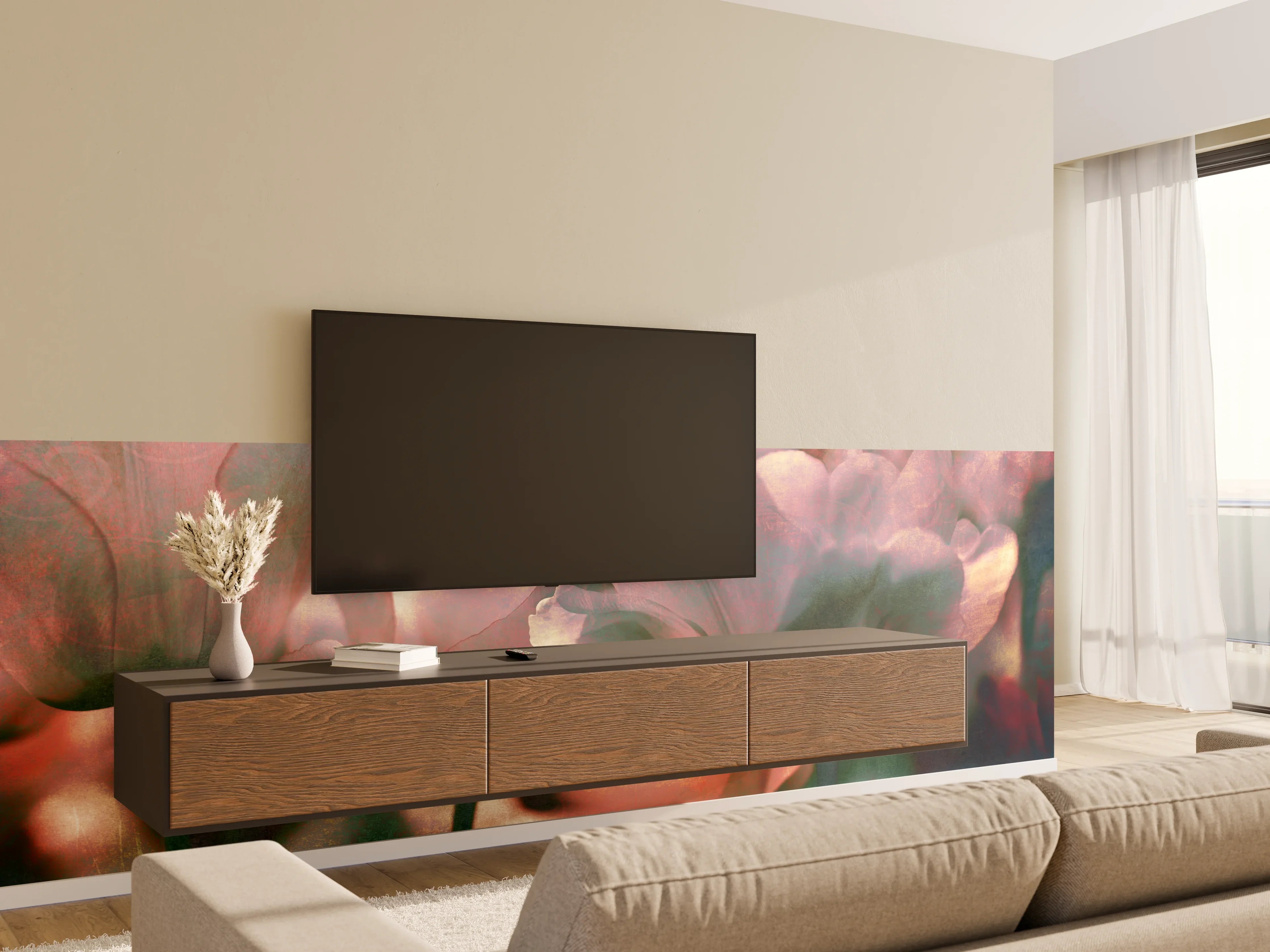 Wandverkleidung Wohnzimmer - Sanfte Blumen in Pastellfarben