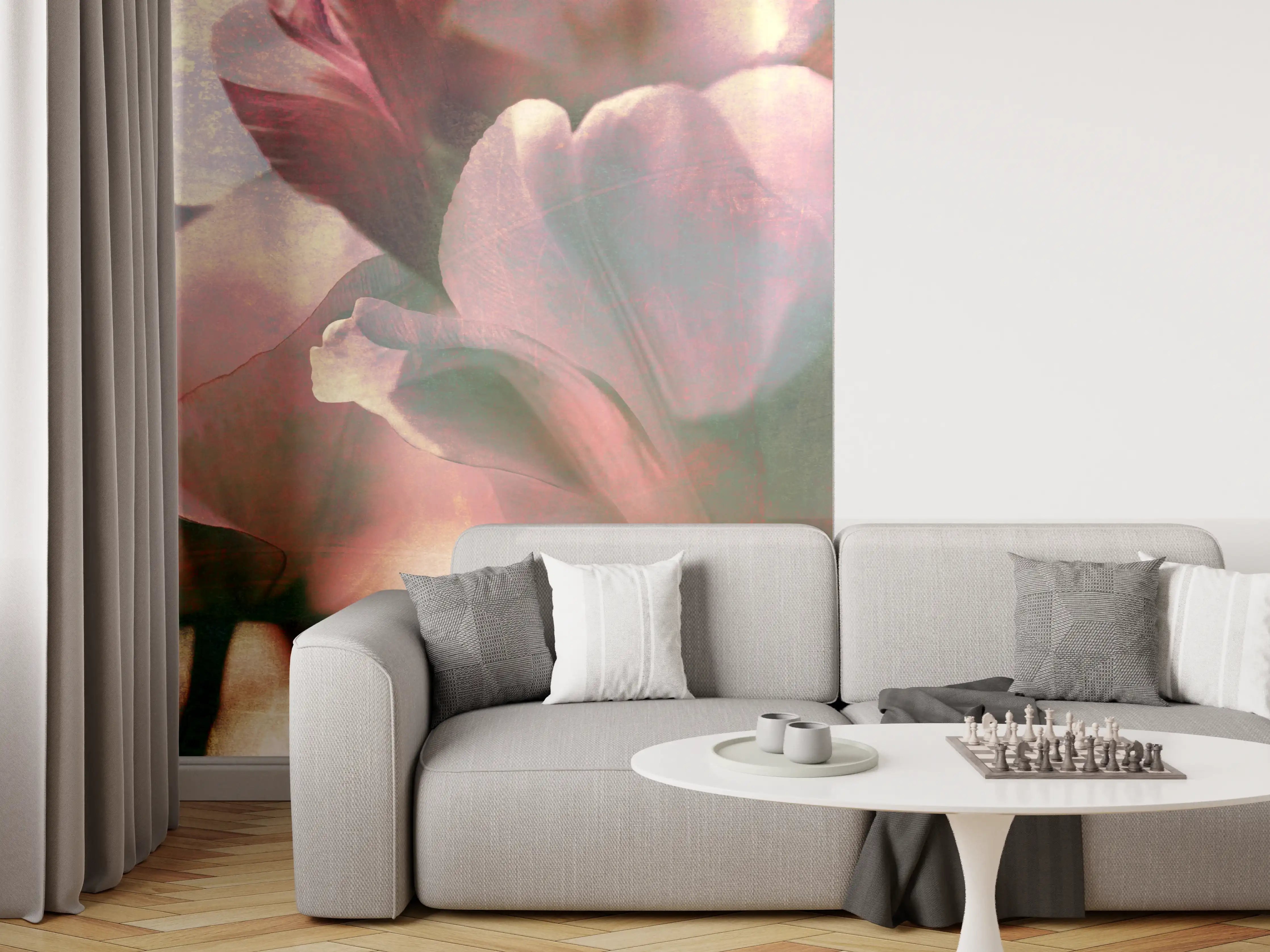 Wandverkleidung Wohnzimmer - Sanfte Blumen in Pastellfarben