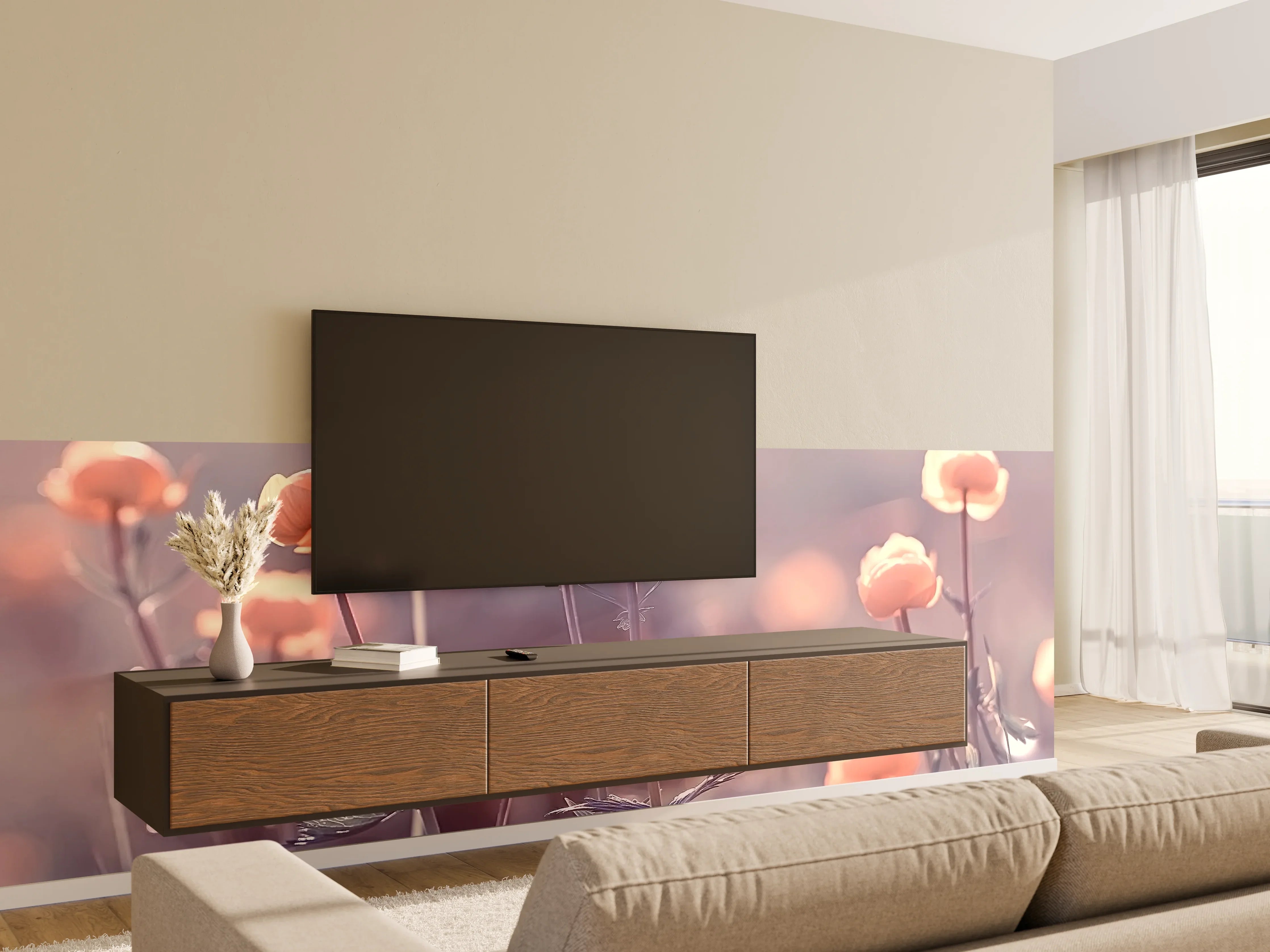 Wandverkleidung Wohnzimmer - Sanfte Blumenwiese im Morgengrauen