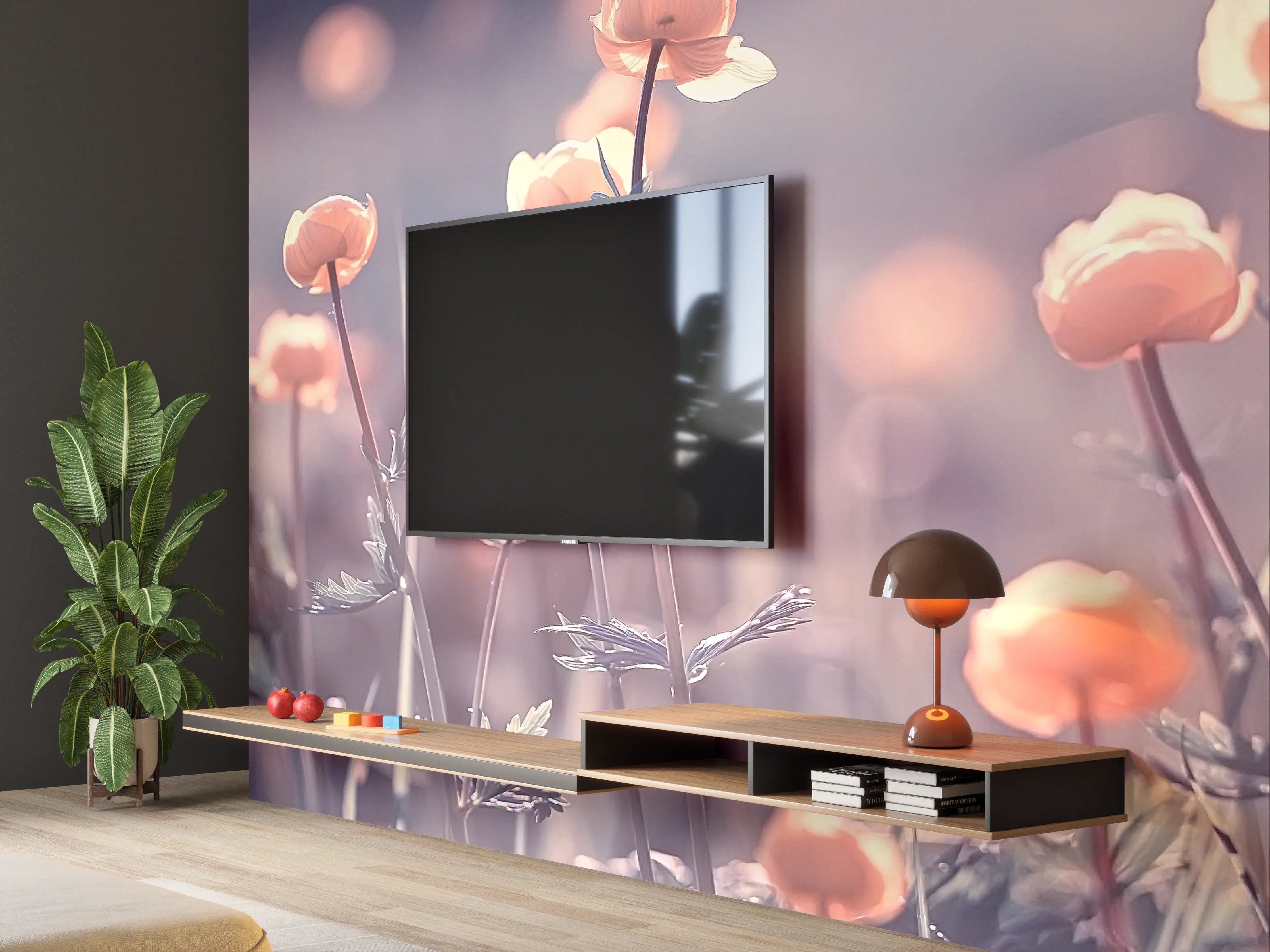 Wandverkleidung Wohnzimmer - Sanfte Blumenwiese im Morgengrauen