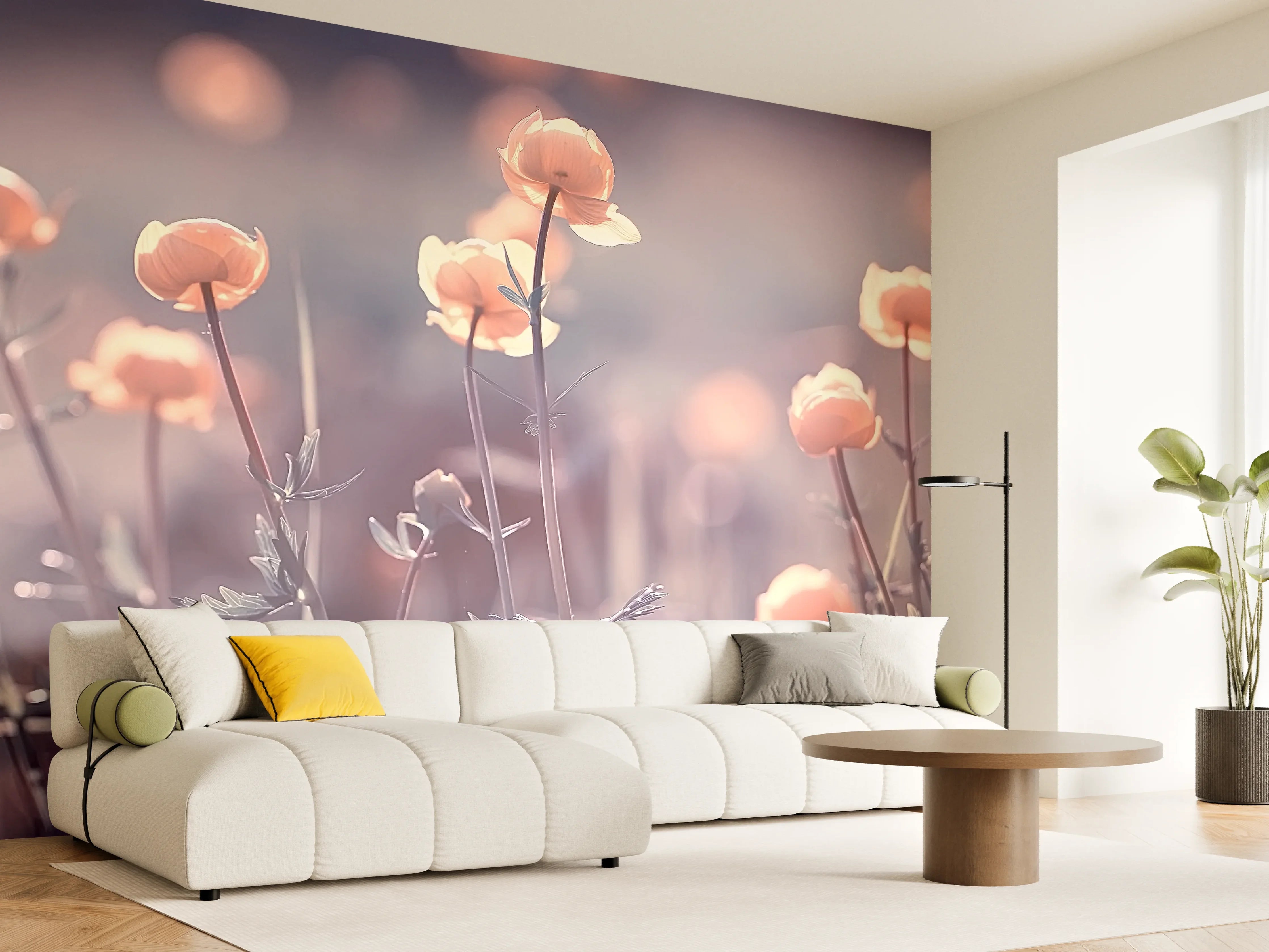 Wandverkleidung Wohnzimmer - Sanfte Blumenwiese im Morgengrauen