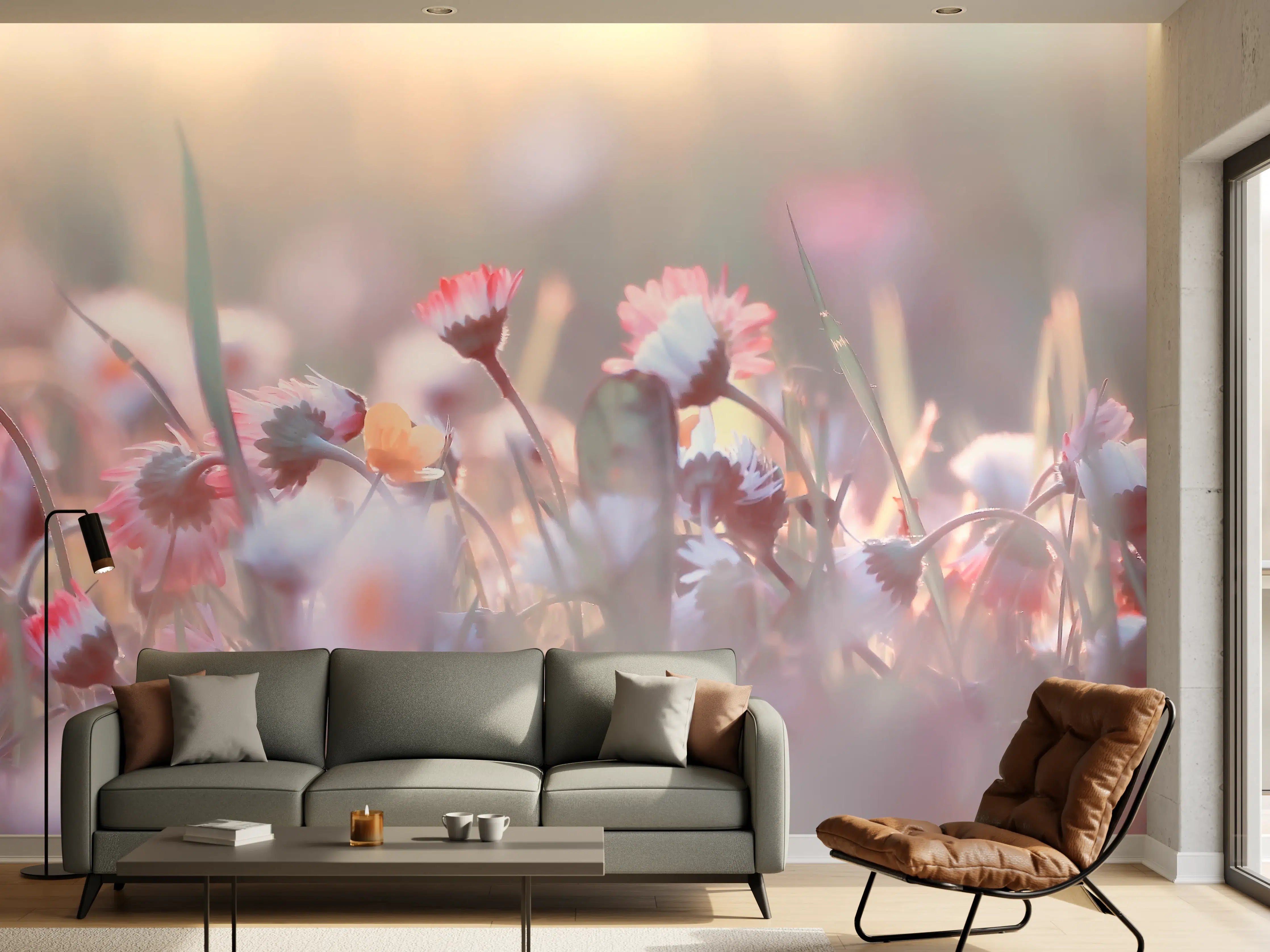Wandverkleidung Wohnzimmer - Sanfte Blumenwiese im Sonnenlicht