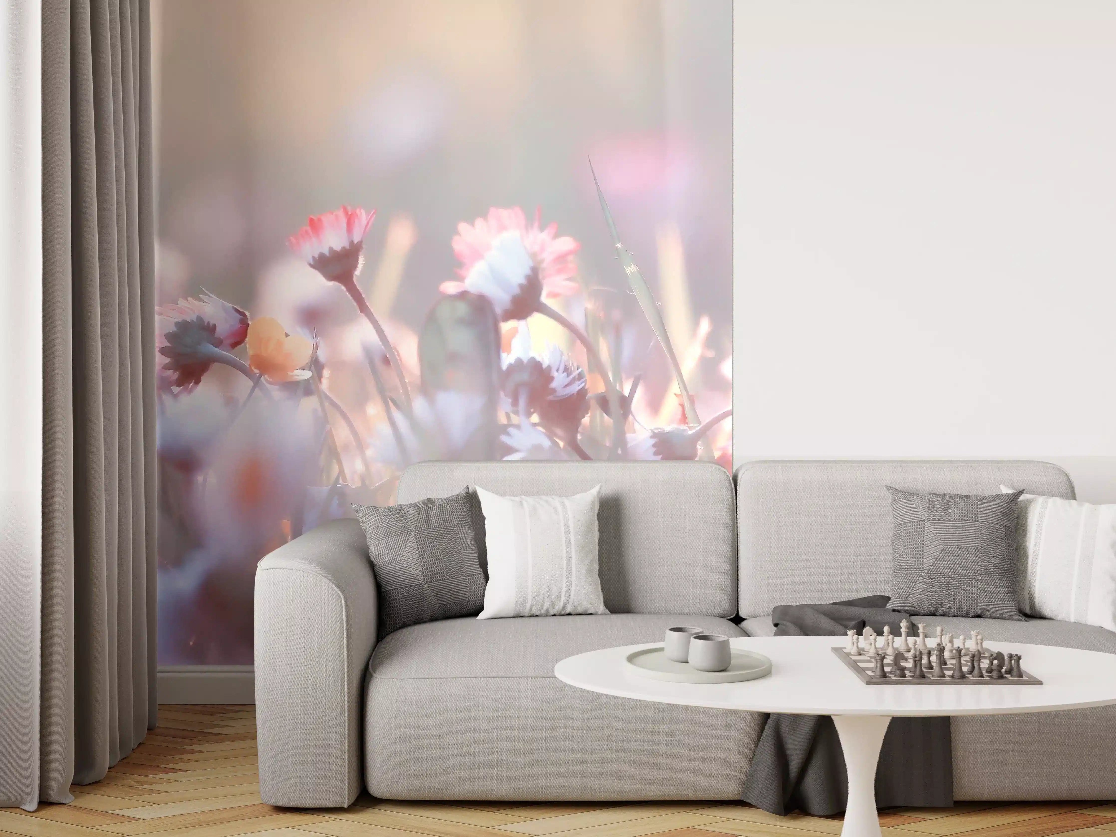 Wandverkleidung Wohnzimmer - Sanfte Blumenwiese im Sonnenlicht