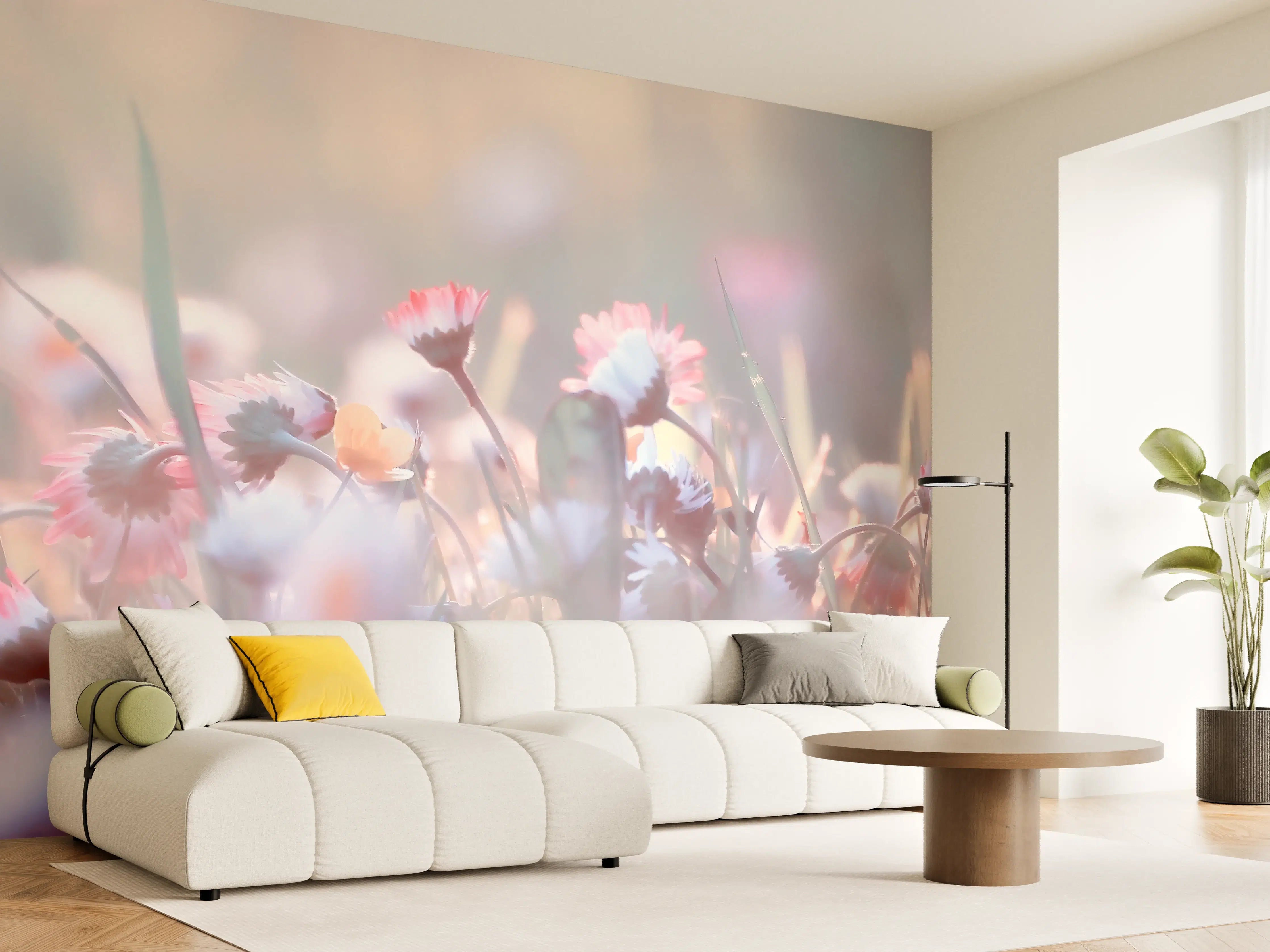 Wandverkleidung Wohnzimmer - Sanfte Blumenwiese im Sonnenlicht