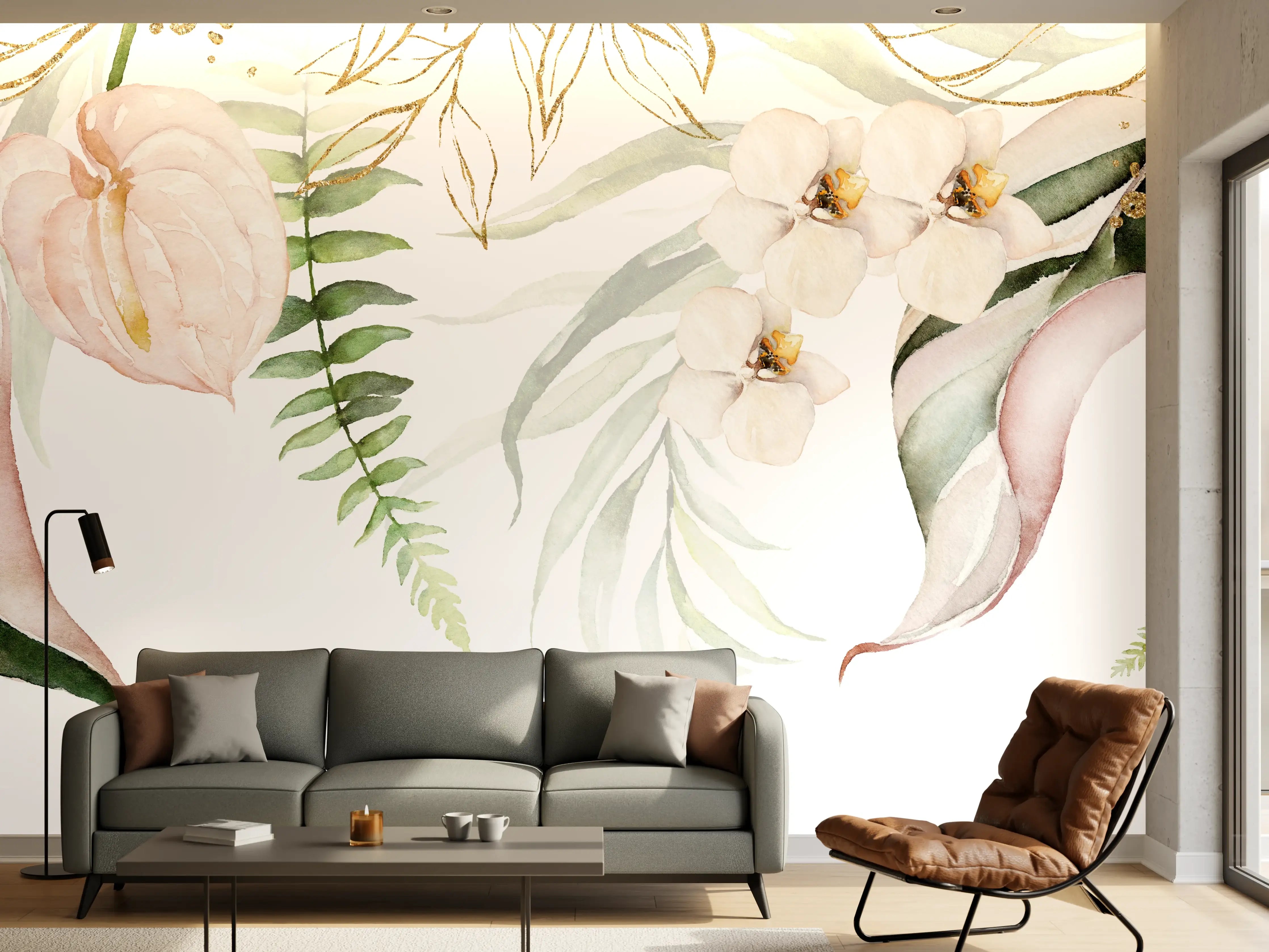 Wandverkleidung Wohnzimmer - Sanfte Blumenwiese im Wasserfarben-Stil