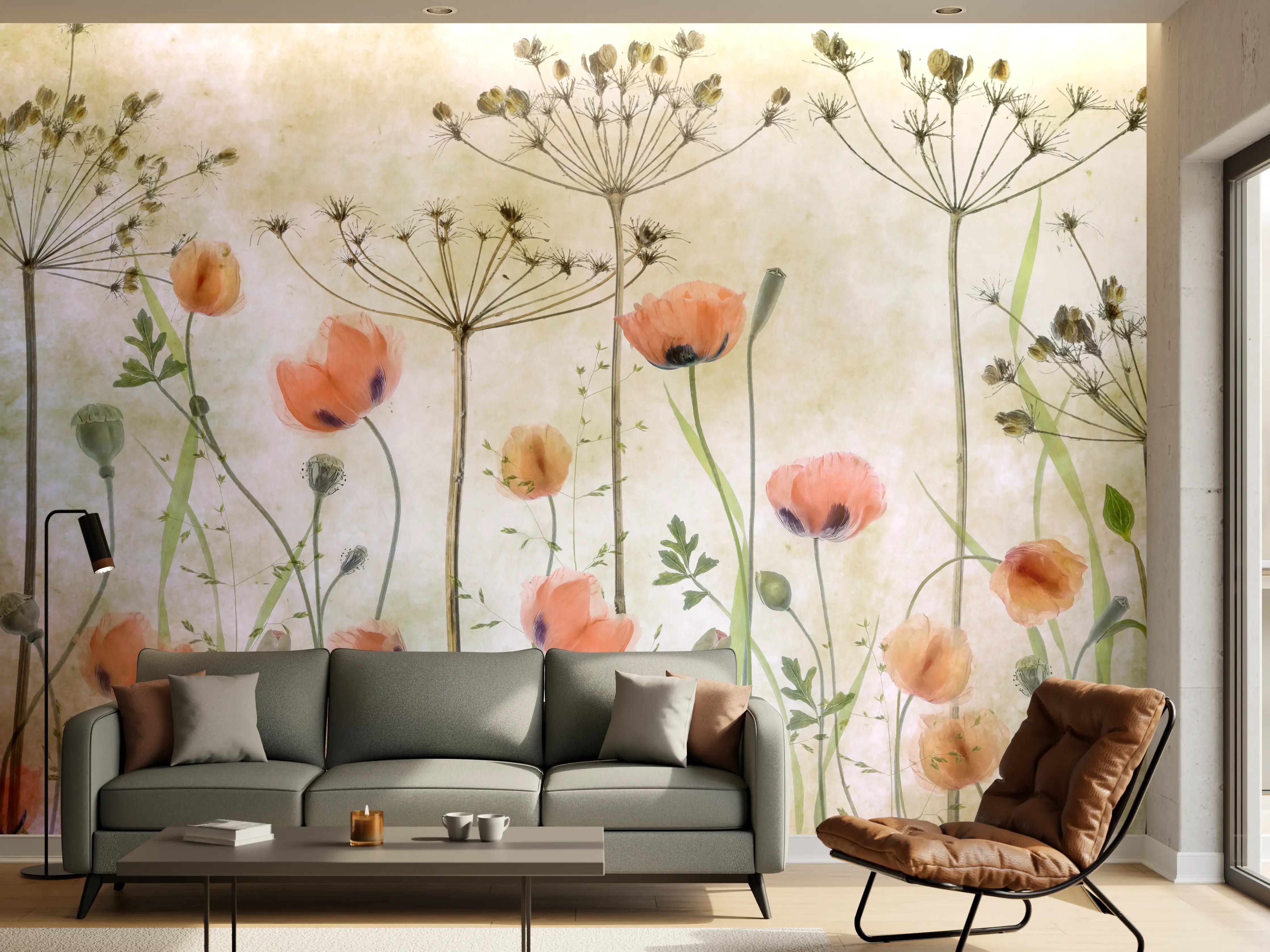 Wandverkleidung Wohnzimmer - Sanfte Blumenwiese im Wasserfarbenstil