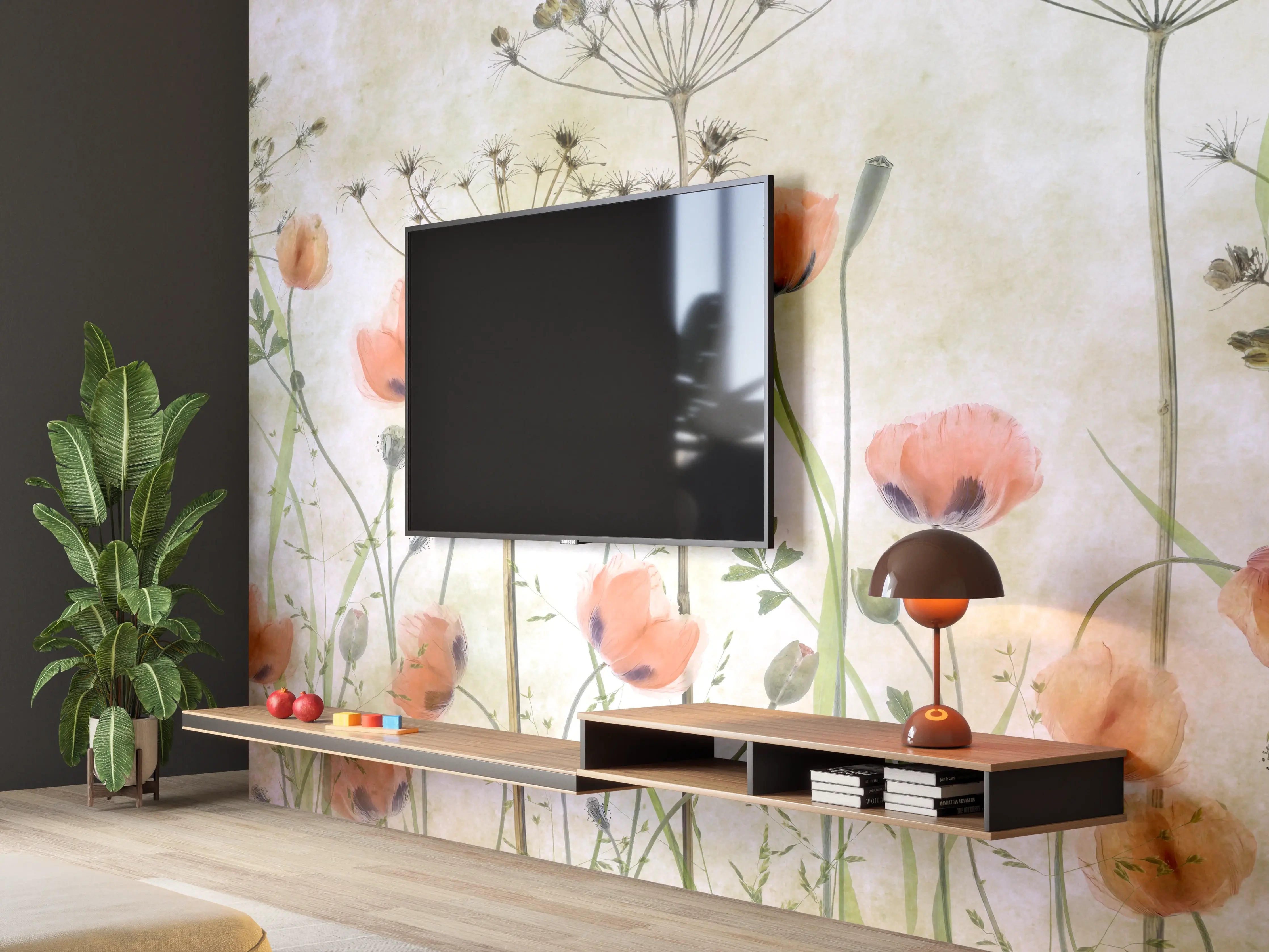 Wandverkleidung Wohnzimmer - Sanfte Blumenwiese im Wasserfarbenstil