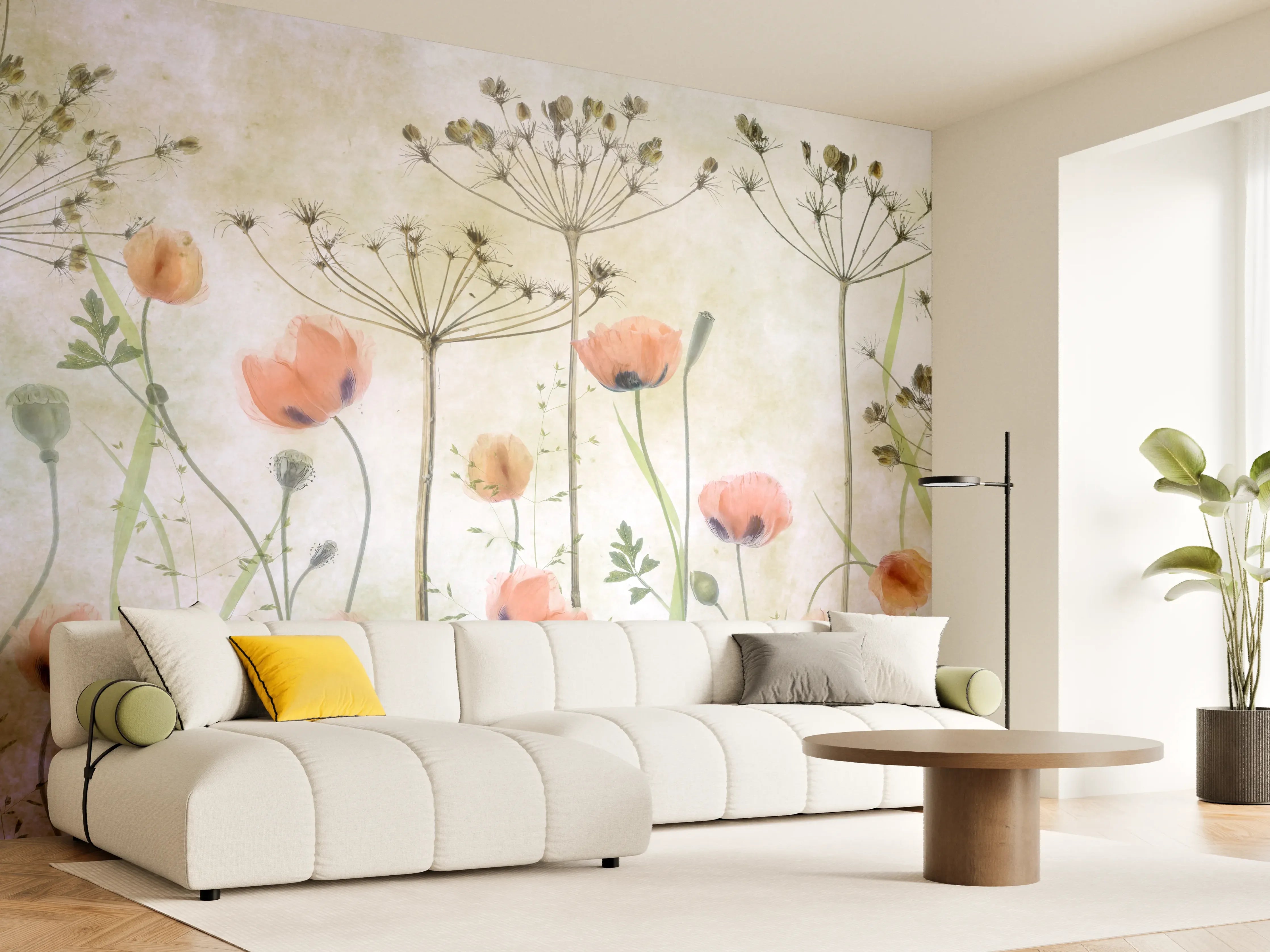Wandverkleidung Wohnzimmer - Sanfte Blumenwiese im Wasserfarbenstil