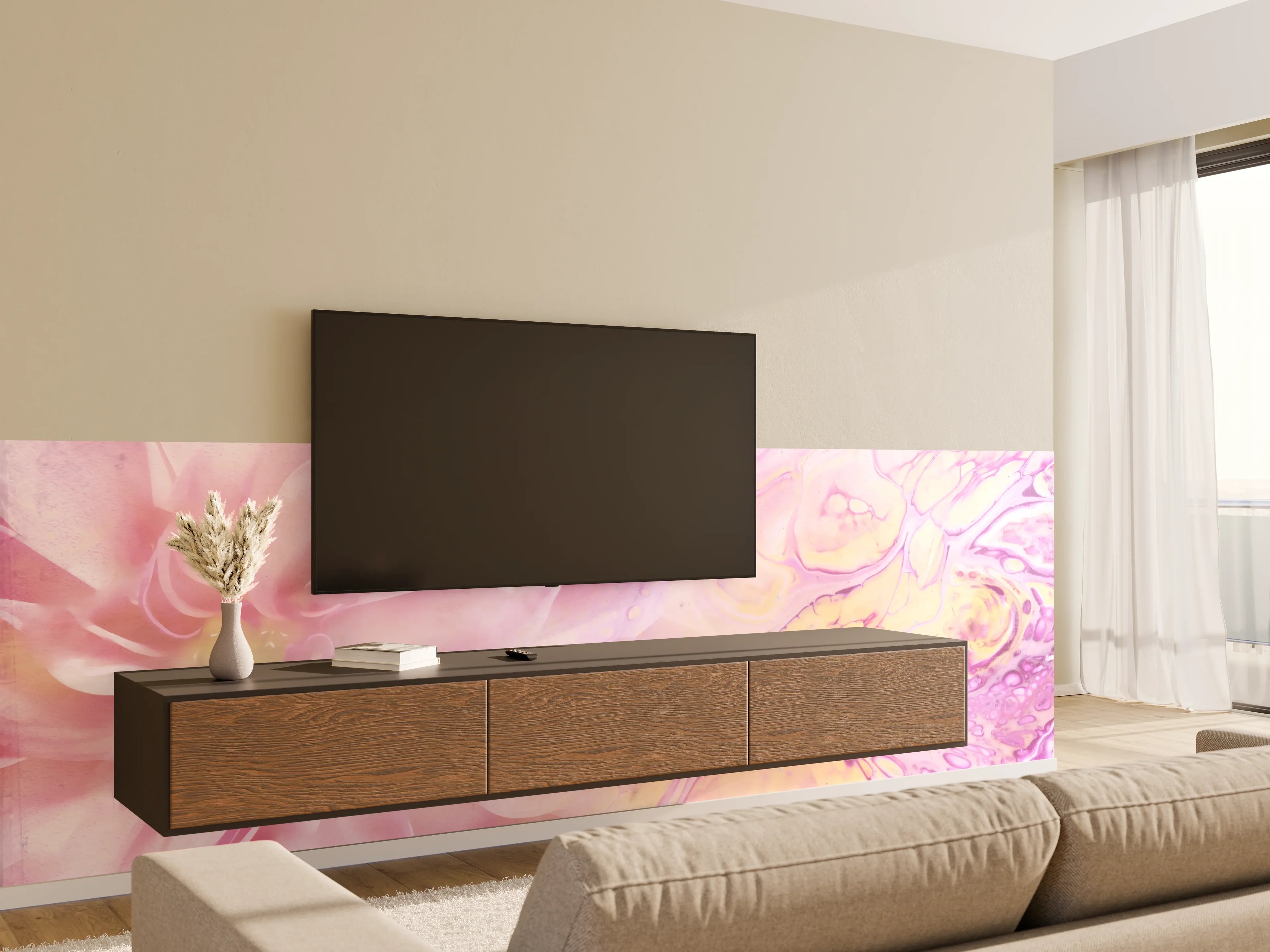 Wandverkleidung Wohnzimmer - Sanfte Farbexplosion mit Blumenmotiven