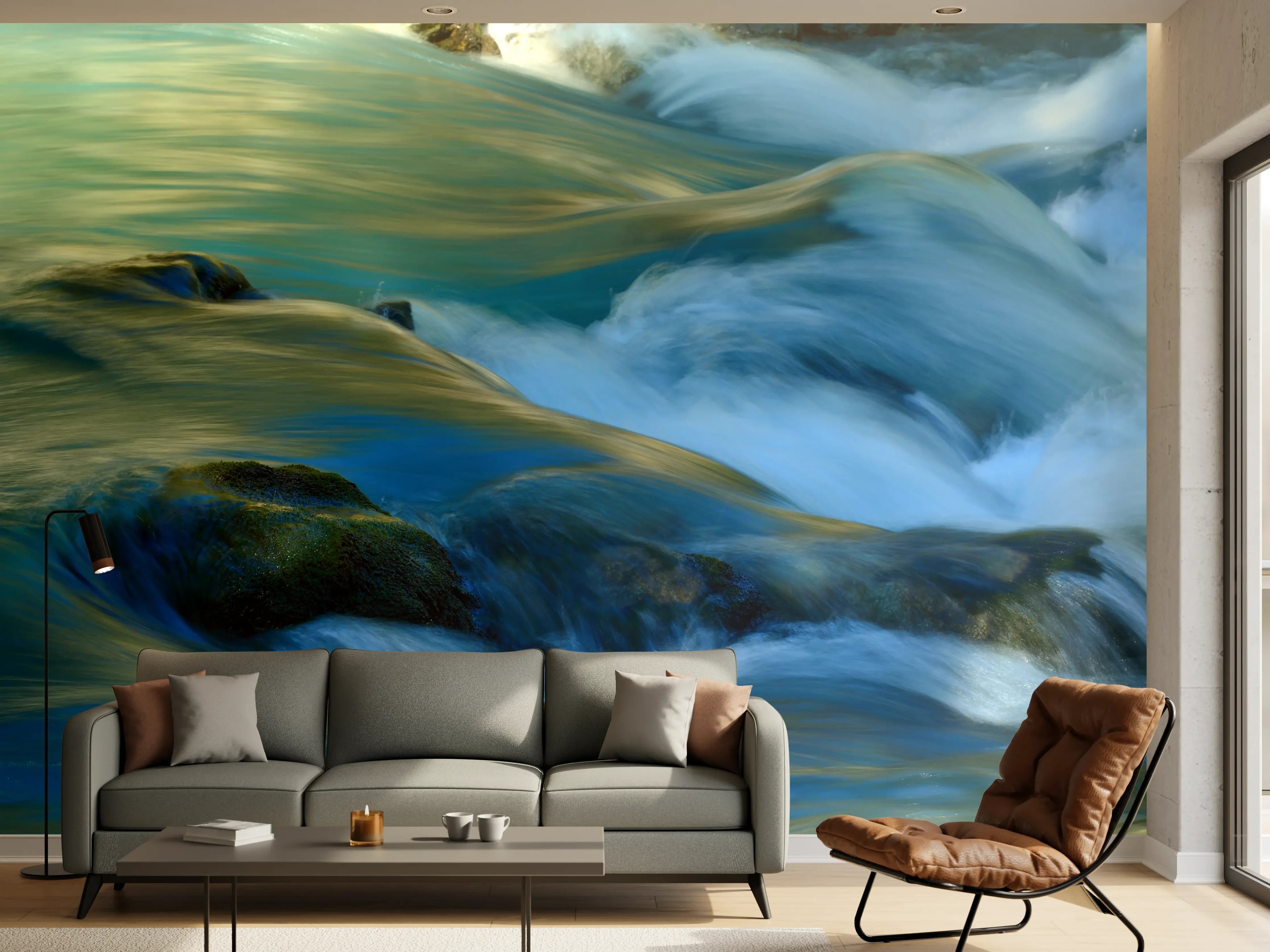 Wandverkleidung Wohnzimmer - Sanfte Flusslandschaft mit fließendem Wasser