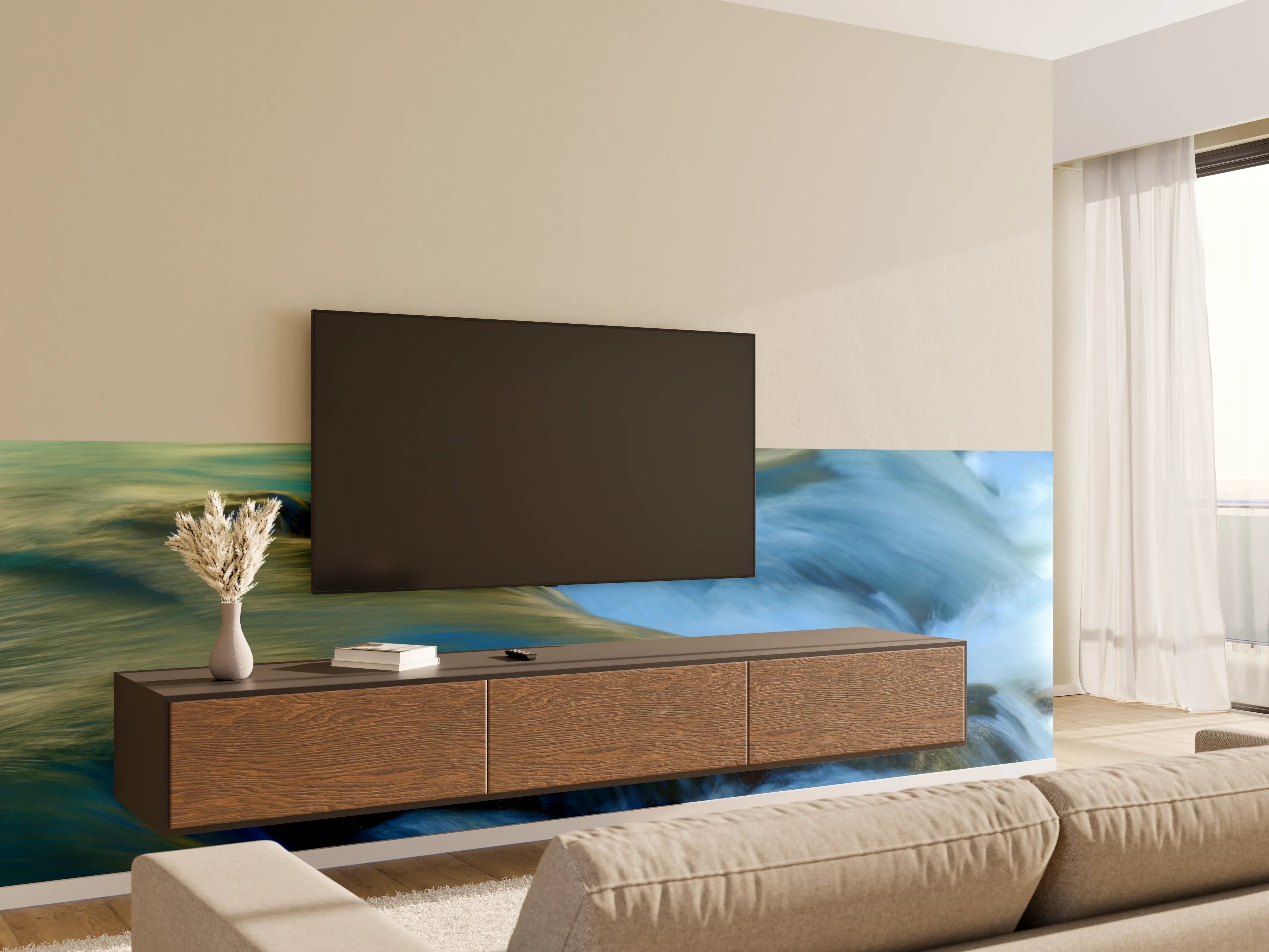 Wandverkleidung Wohnzimmer - Sanfte Flusslandschaft mit fließendem Wasser
