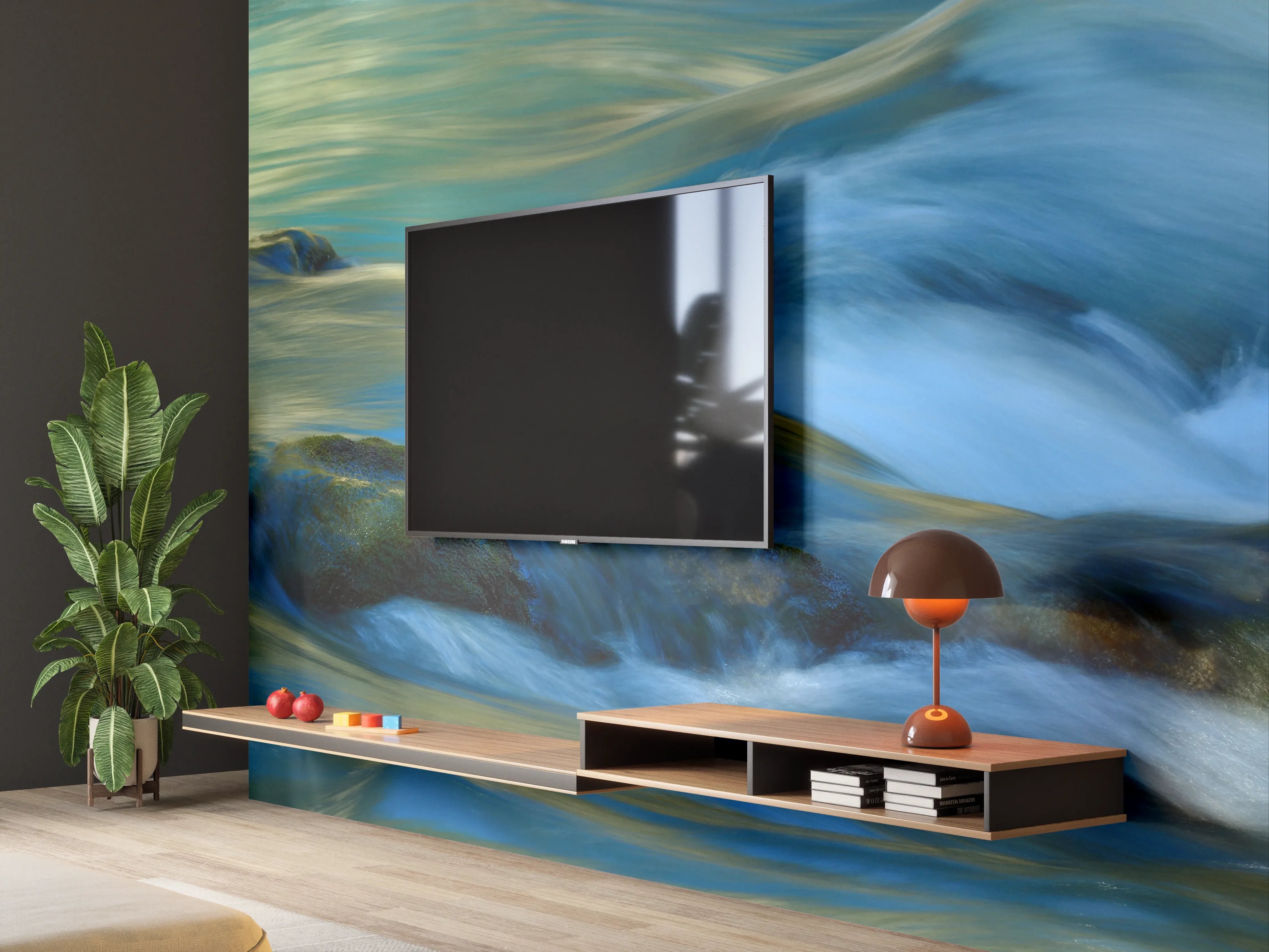 Wandverkleidung Wohnzimmer - Sanfte Flusslandschaft mit fließendem Wasser
