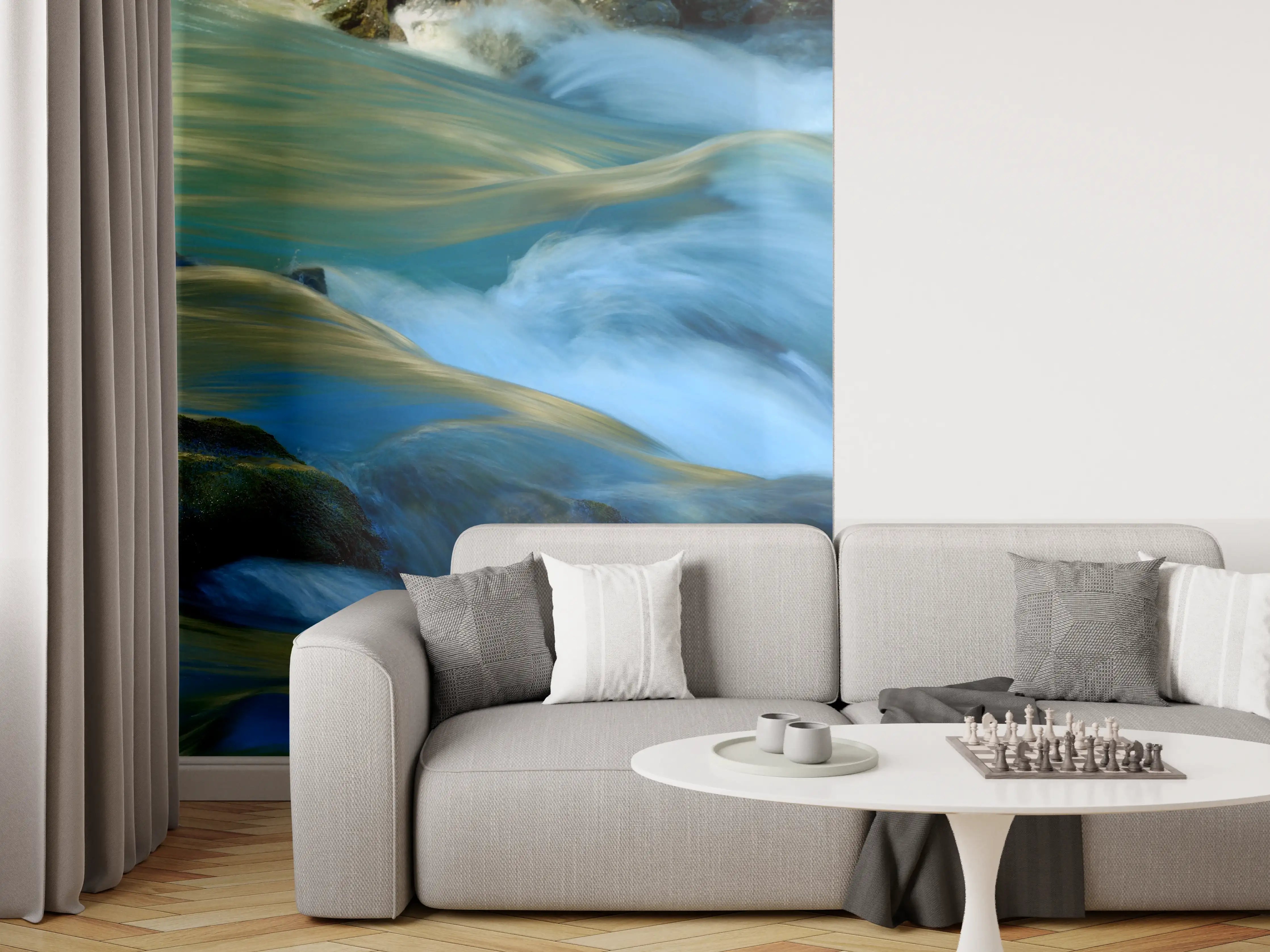 Wandverkleidung Wohnzimmer - Sanfte Flusslandschaft mit fließendem Wasser