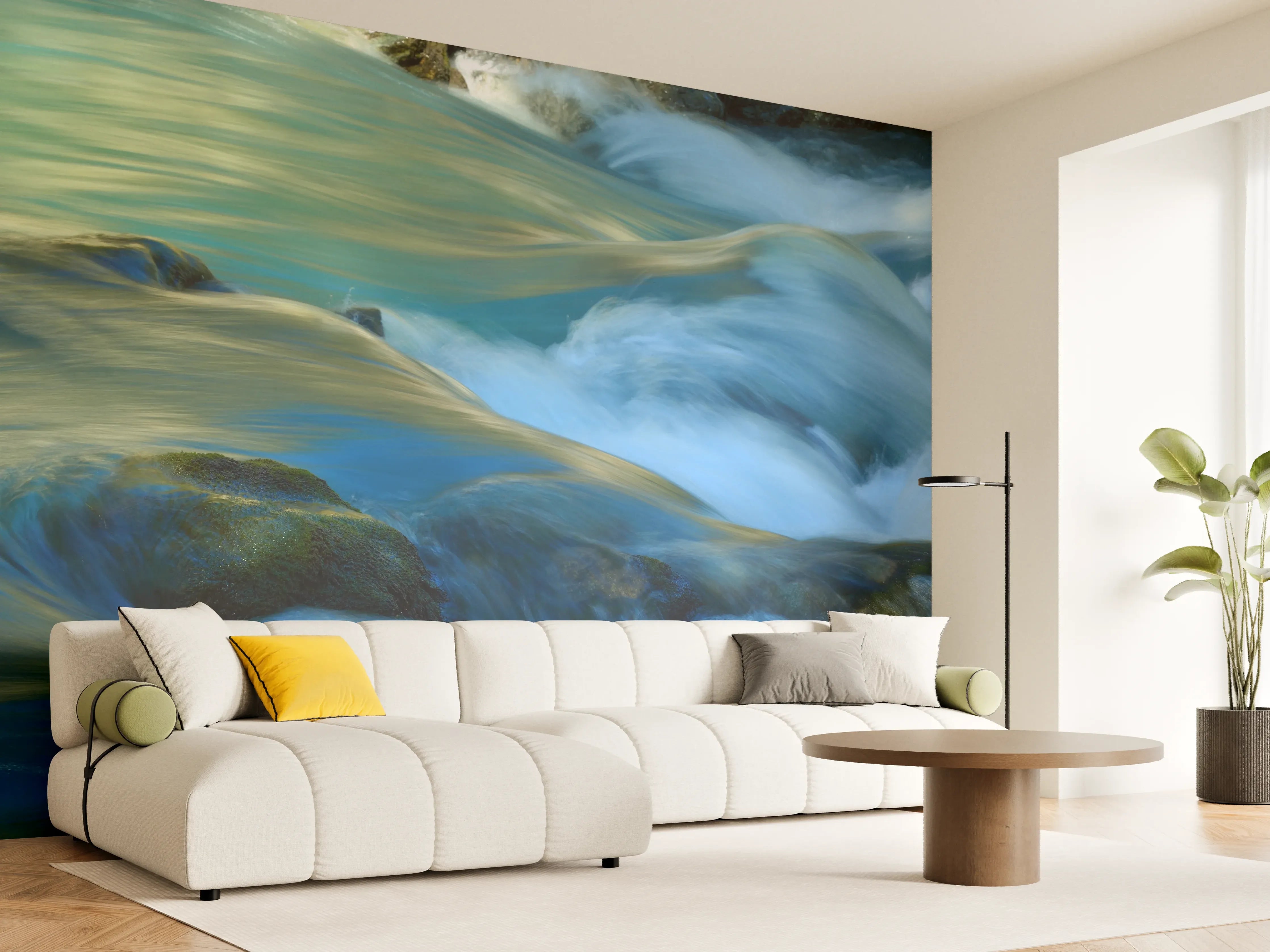 Wandverkleidung Wohnzimmer - Sanfte Flusslandschaft mit fließendem Wasser
