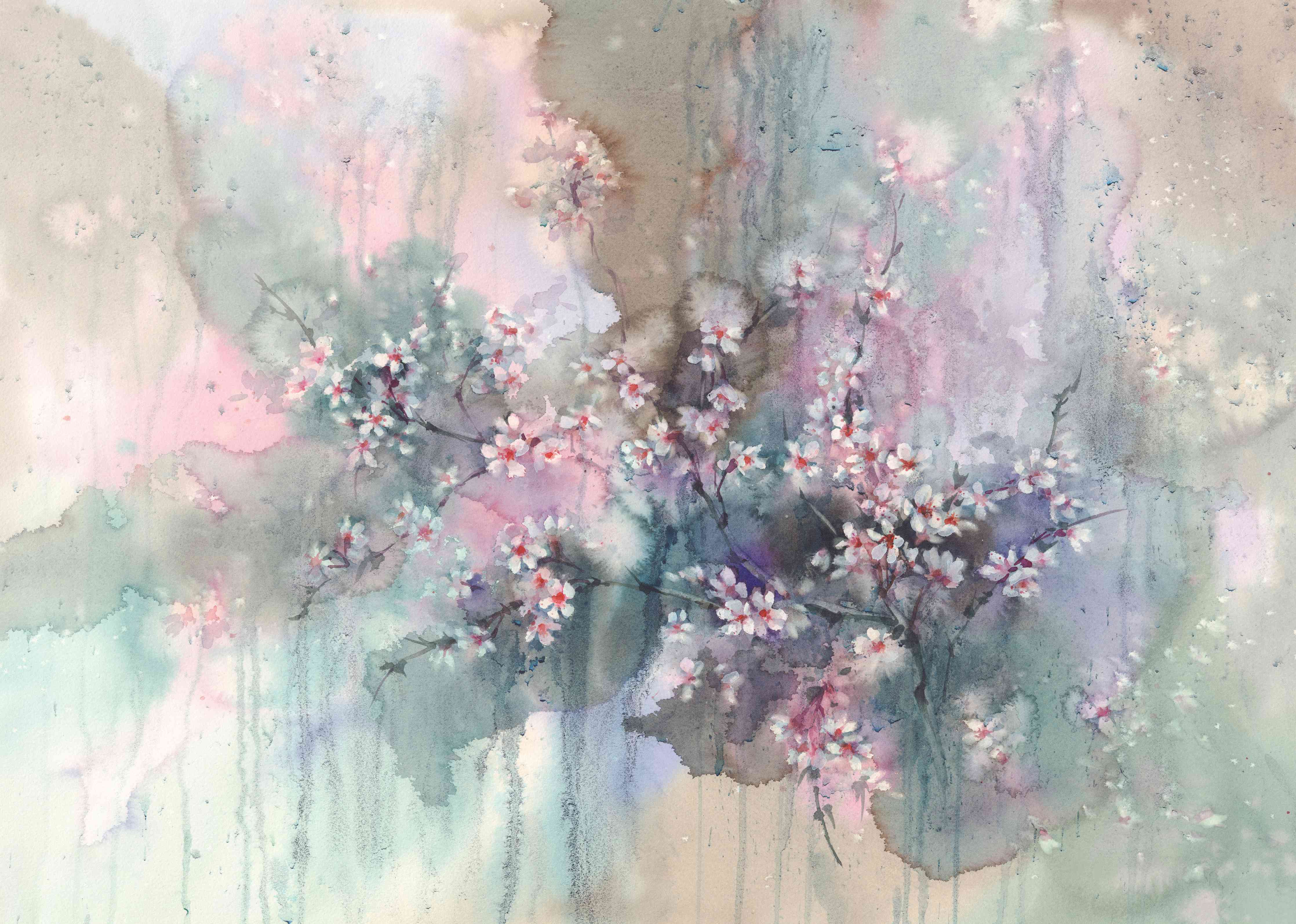 Wandverkleidung Wohnzimmer-Sanfte Frühlingsblüte im Aquarell
