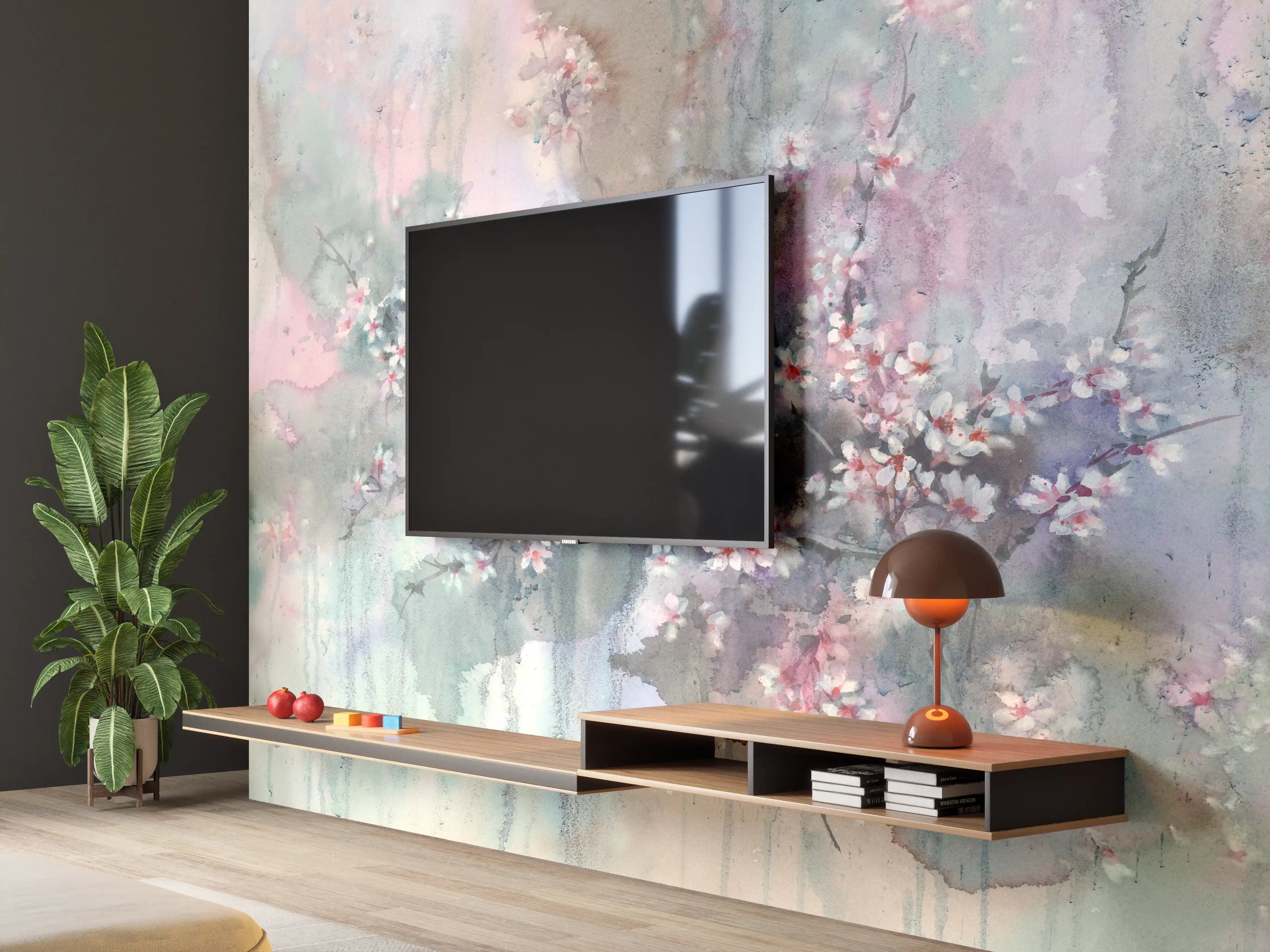 Wandverkleidung Wohnzimmer - Sanfte Frühlingsblüte im Aquarell