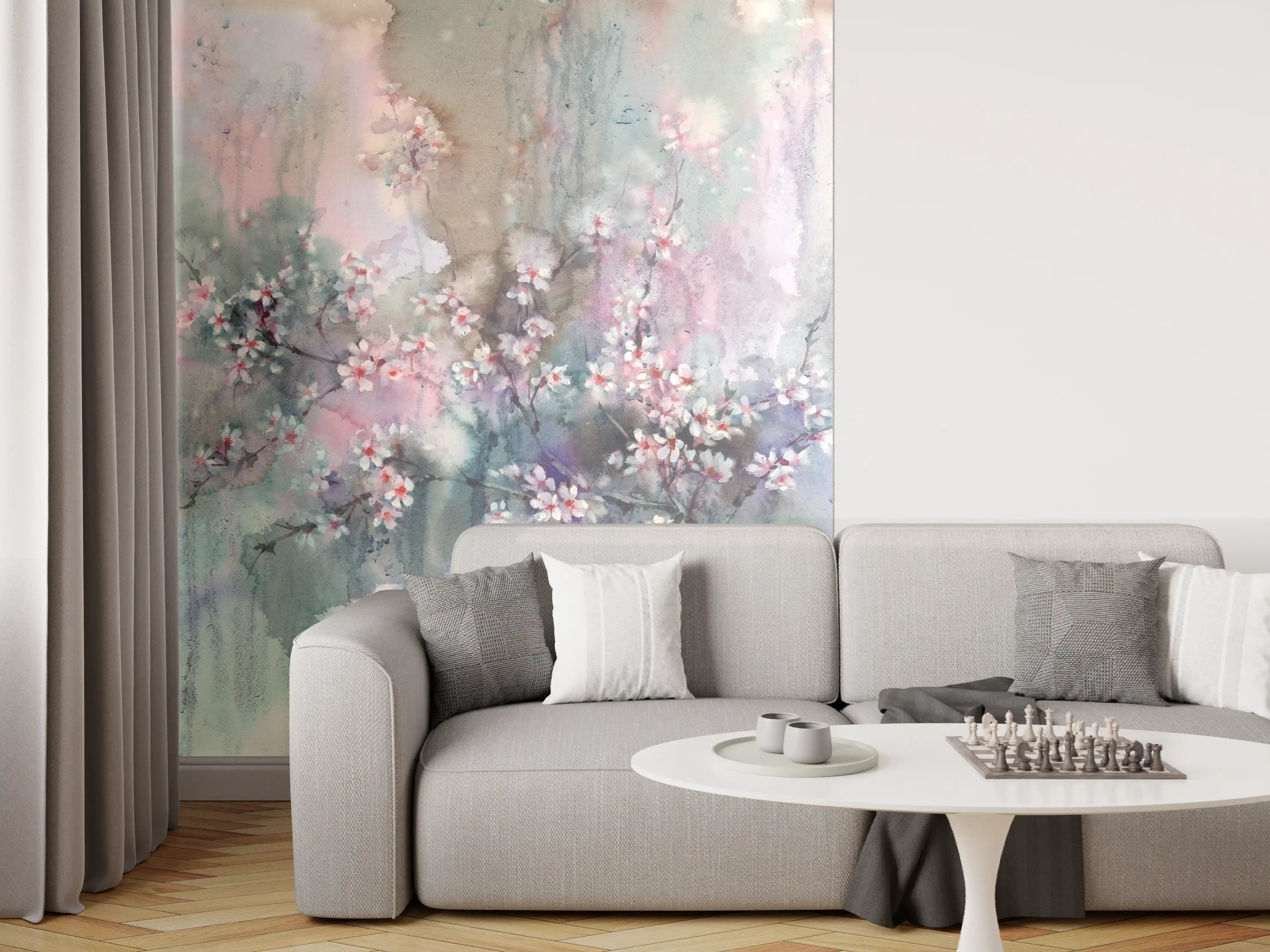 Wandverkleidung Wohnzimmer - Sanfte Frühlingsblüte im Aquarell
